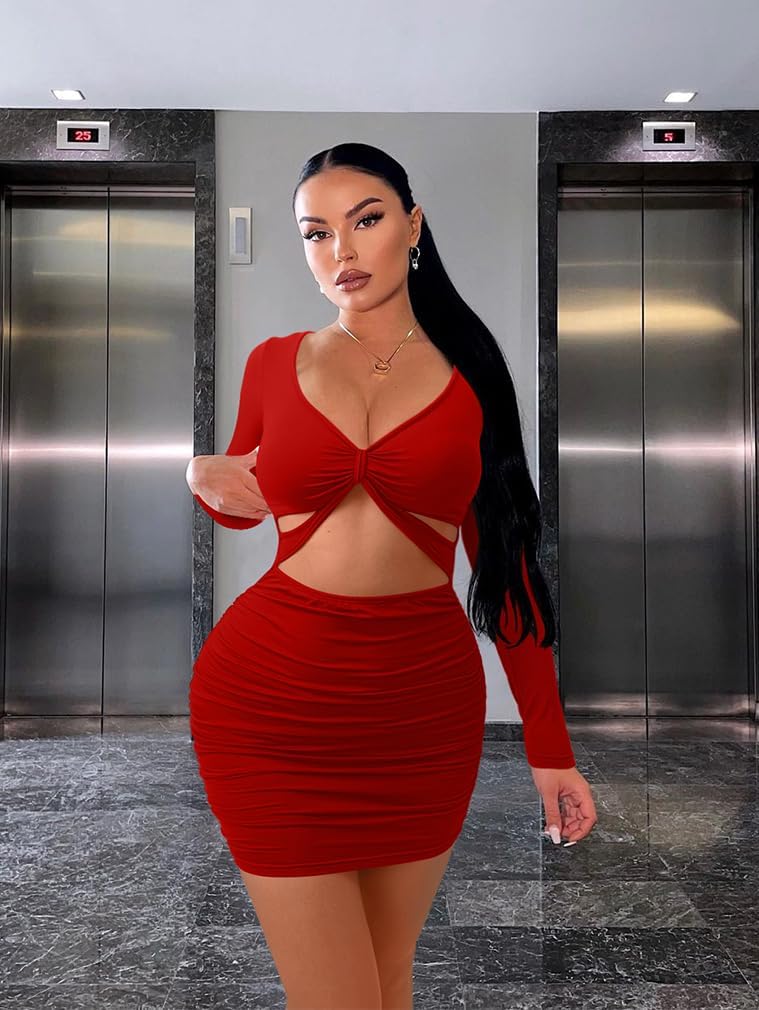 XXTAXN Women's Sexy Bodycon Deep V Neck Long Sleeve Cut Out Club Mini Dress - Image 7