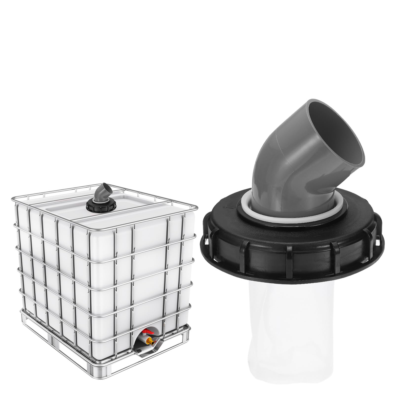 sourcing map Tapa de filtro IBC de 163 mm, adaptador de manguera de plástico IBC de 45°, contenedor de tanque de agua de lluvia de 1000 L con filtro de nailon lavable para tanques de agua de 275
