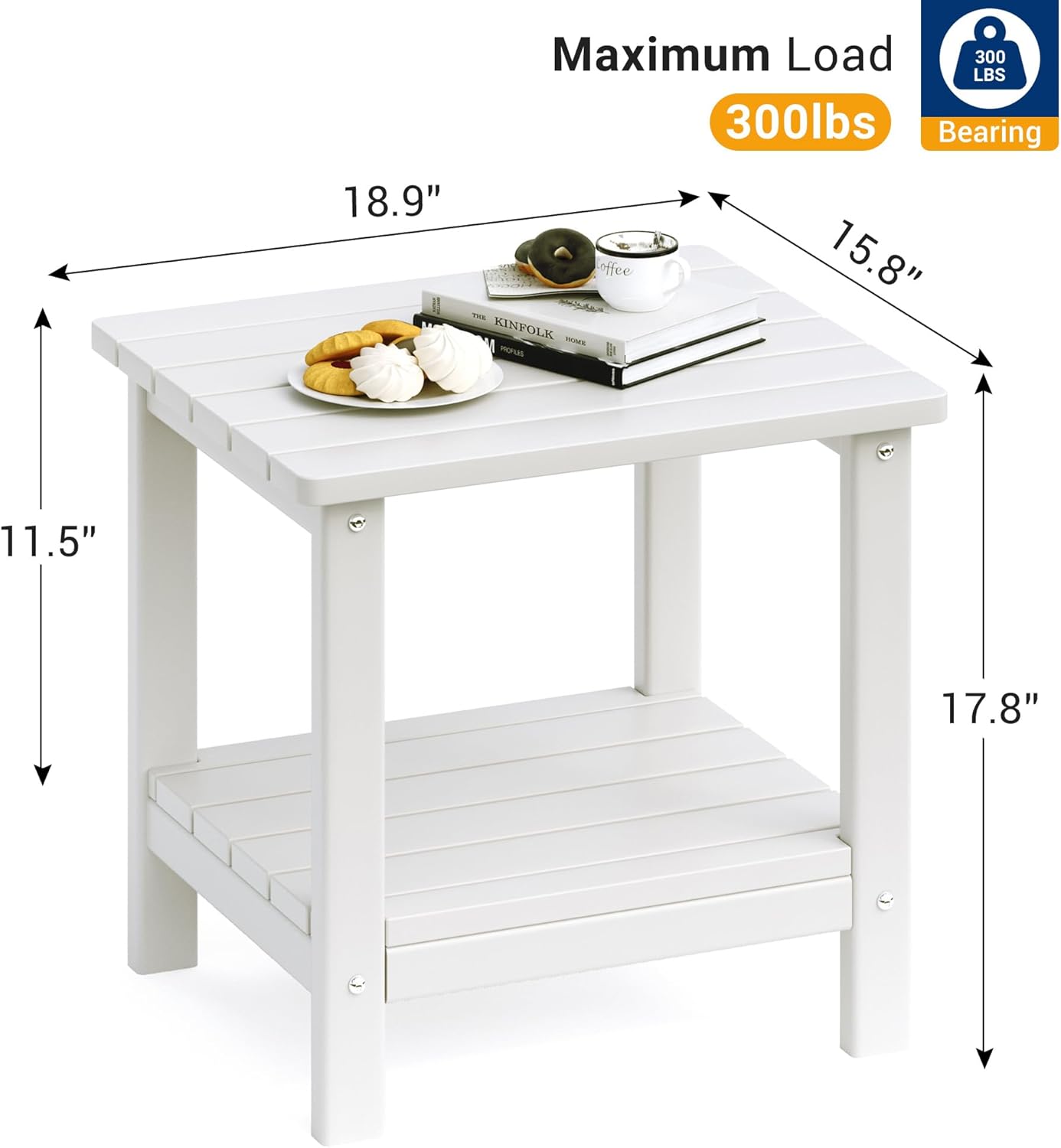 UDPATIO 2-Tier Side Table, 19x16x17.8 in, White, Adirondack End Table, Indoor & Outdoor Use