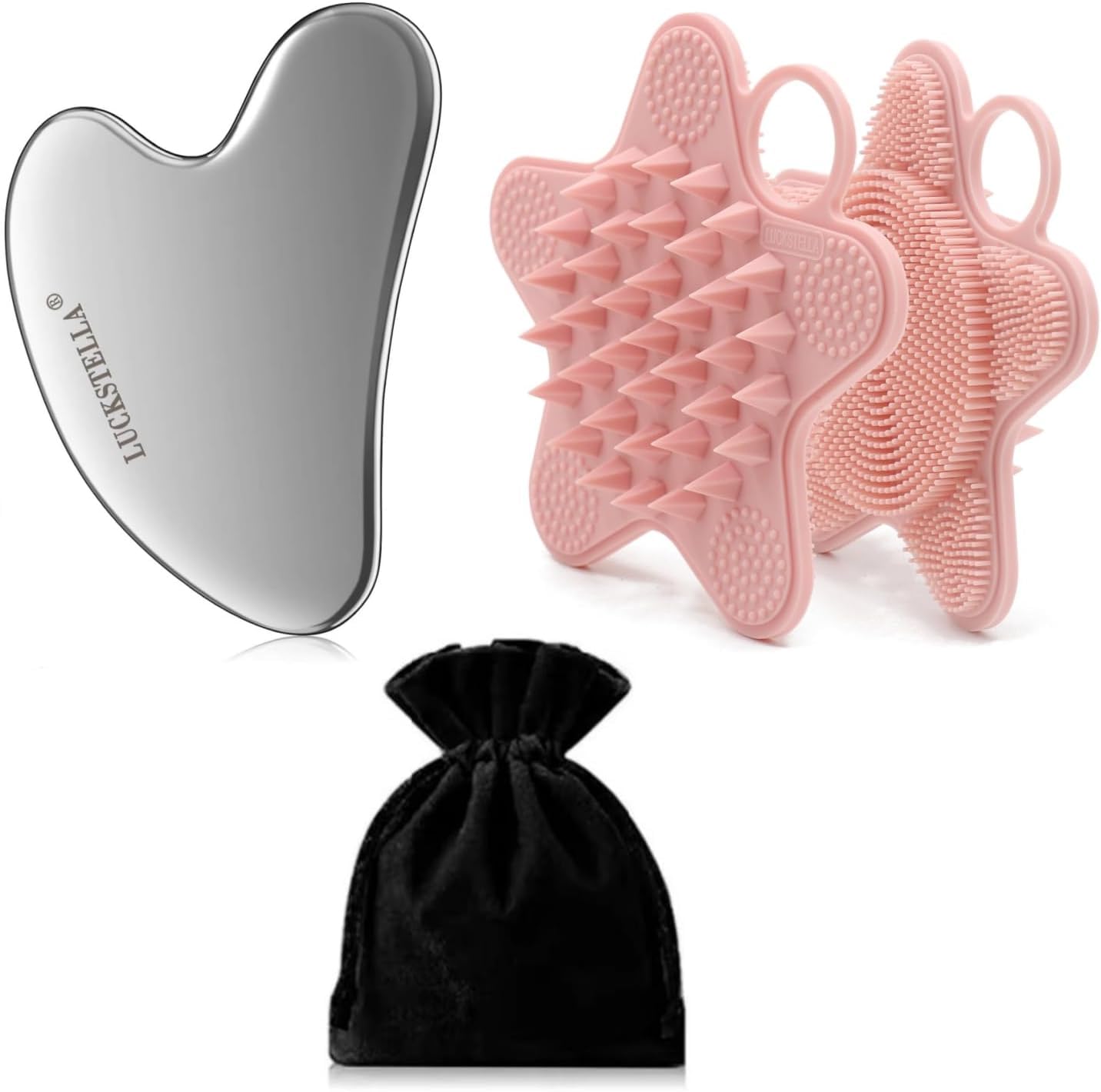 Silicone Body Scrubber, Dual-Sided Bath Brush, Stainless Steel Gua Sha Set