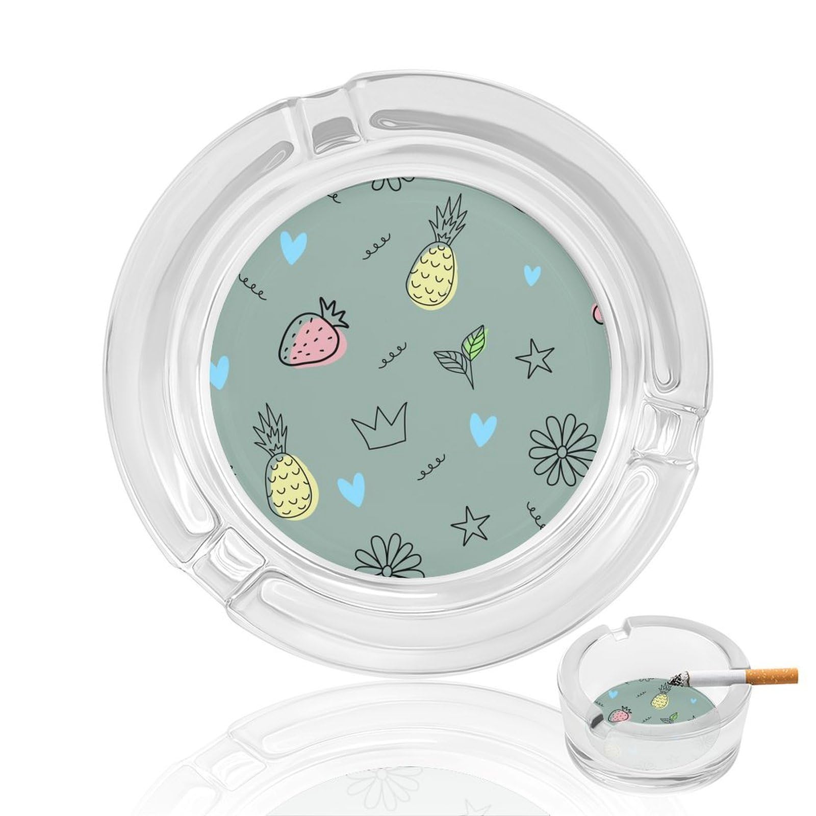 Watercolor Strawberry Le Glass Ashtray 3.3 Inch Round Cigarette Ash Holder with 4 Grooves for Home Office Outdoor One Size