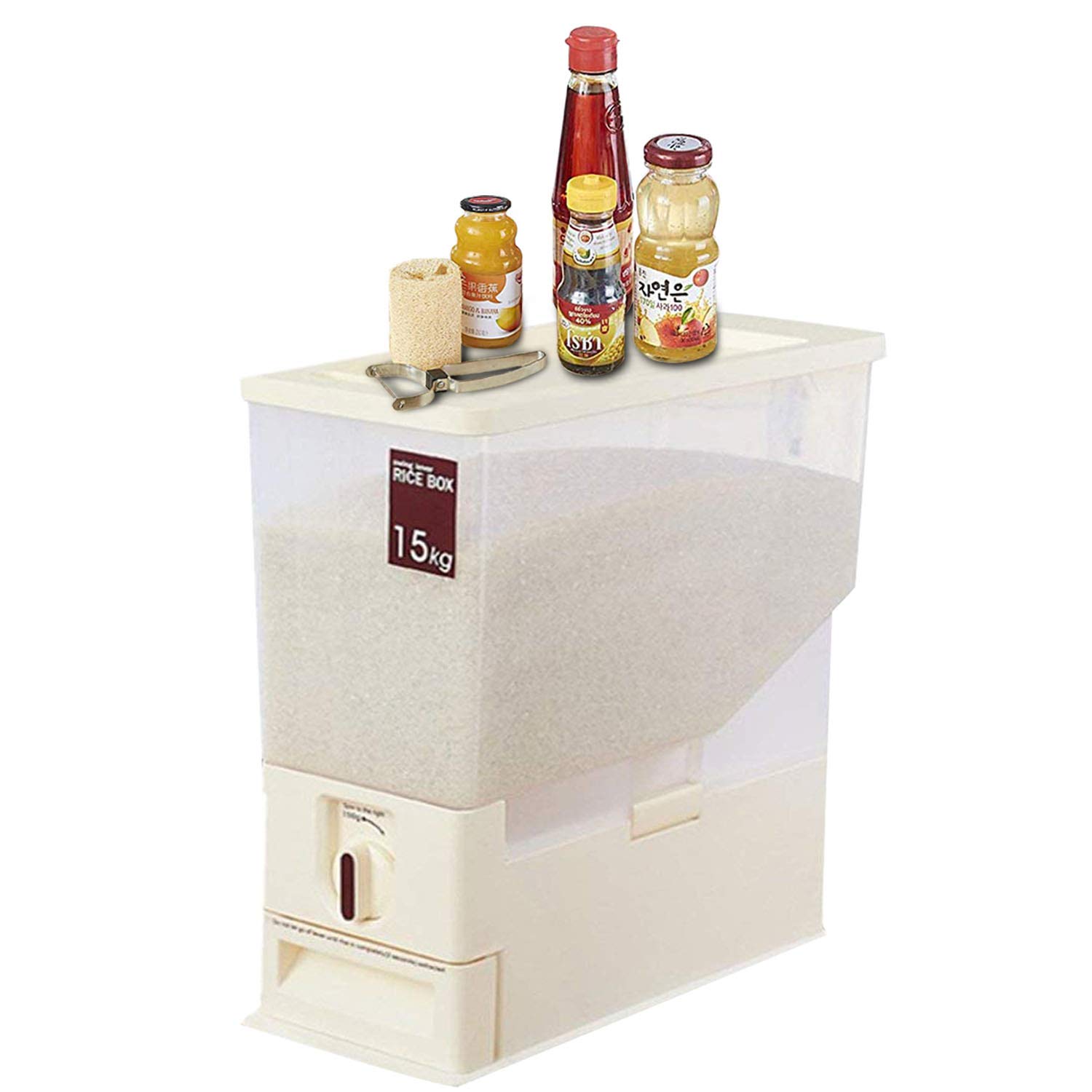 Rice Dispenser (15 kg), Transparent Food Container Bin - Visible Plastic Rice Storage for Rice, Flour, Bean & Pet Food [Creamy-White]