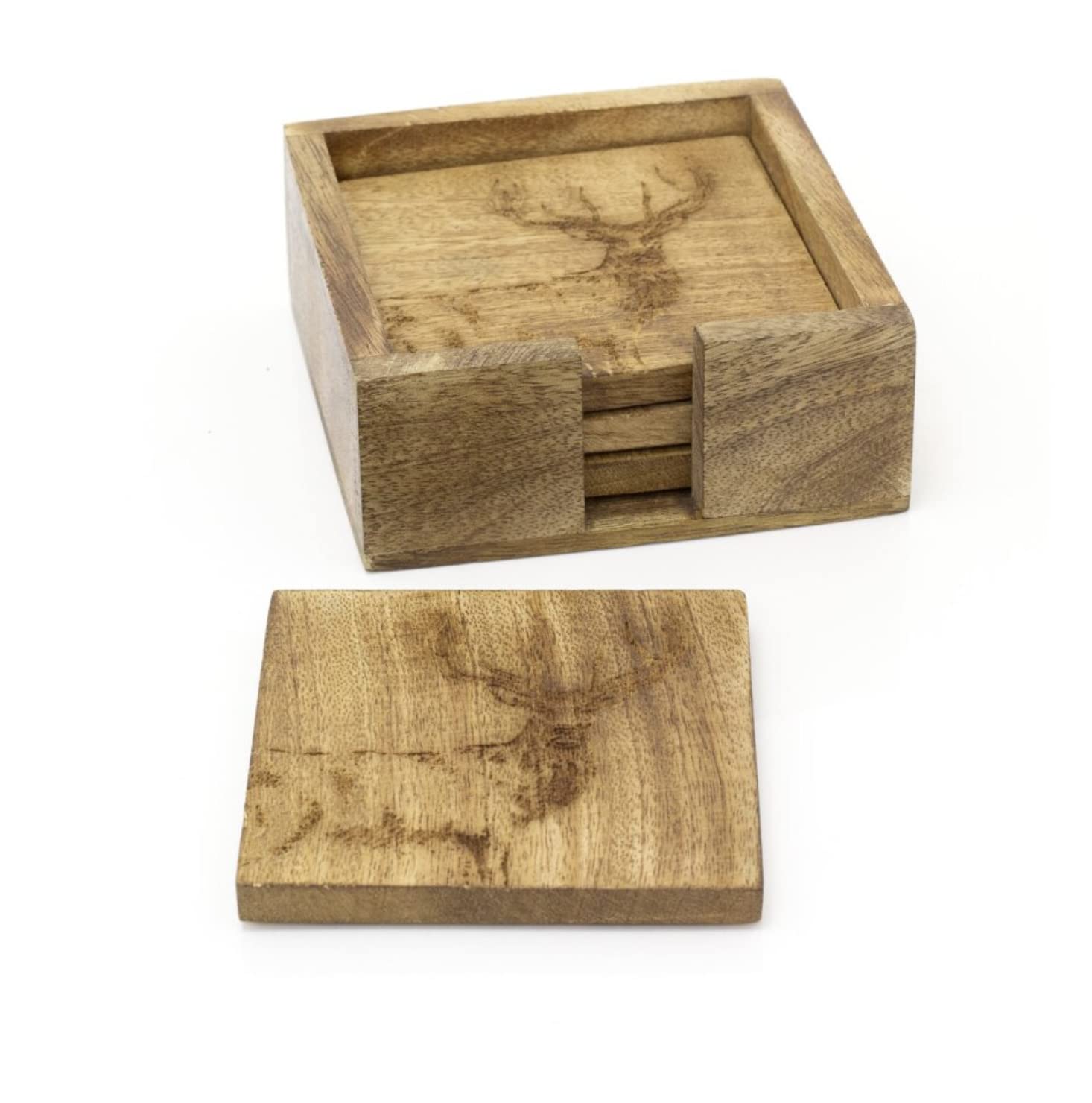 Set of 4 Wooden Stag Coasters Made From Mango Wood in Wooden Box