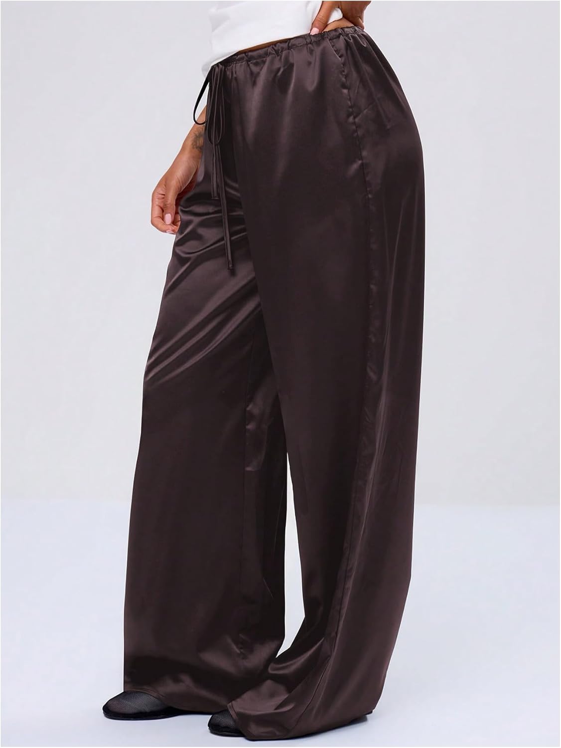MakeMeChic Women's Summer Satin Silk Pants Casual Flowy Pants Beach Vacation Wide Leg Pants - Image 2