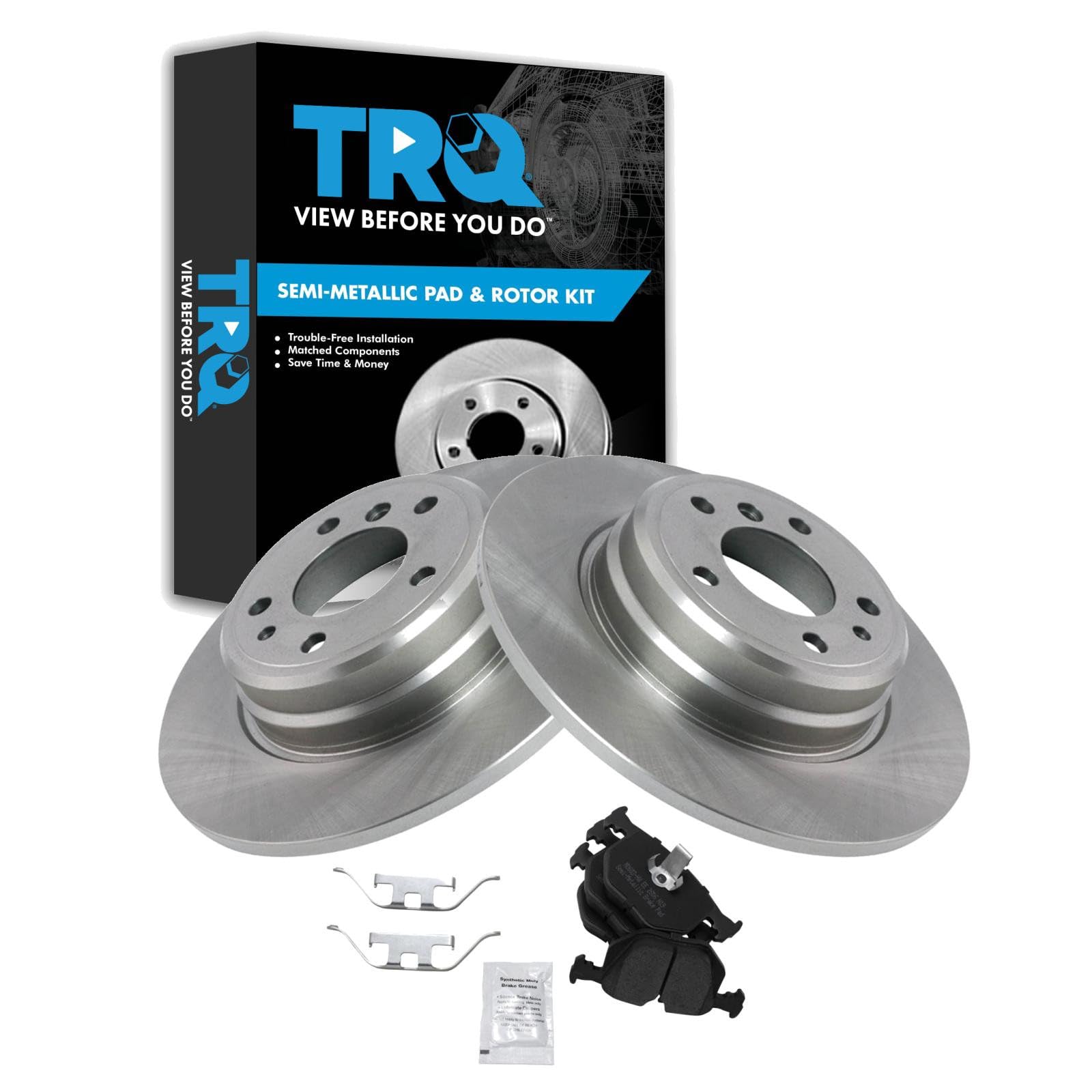 TRQ Rear Brake Pad and Rotor Set Semi Metallic Rotors Compatible with 1995-2001 BMW 740i 1995-2001 740iL