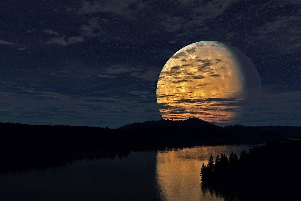 PigBangbang,Intellectiv Games Photomosaic Jigsaw Puzzle Basswood in a Box 1000 Piece 29.5 X 19.6'' Famous Paintings Mural Home Decoration-Forest Sky Moon Night River Reflection
