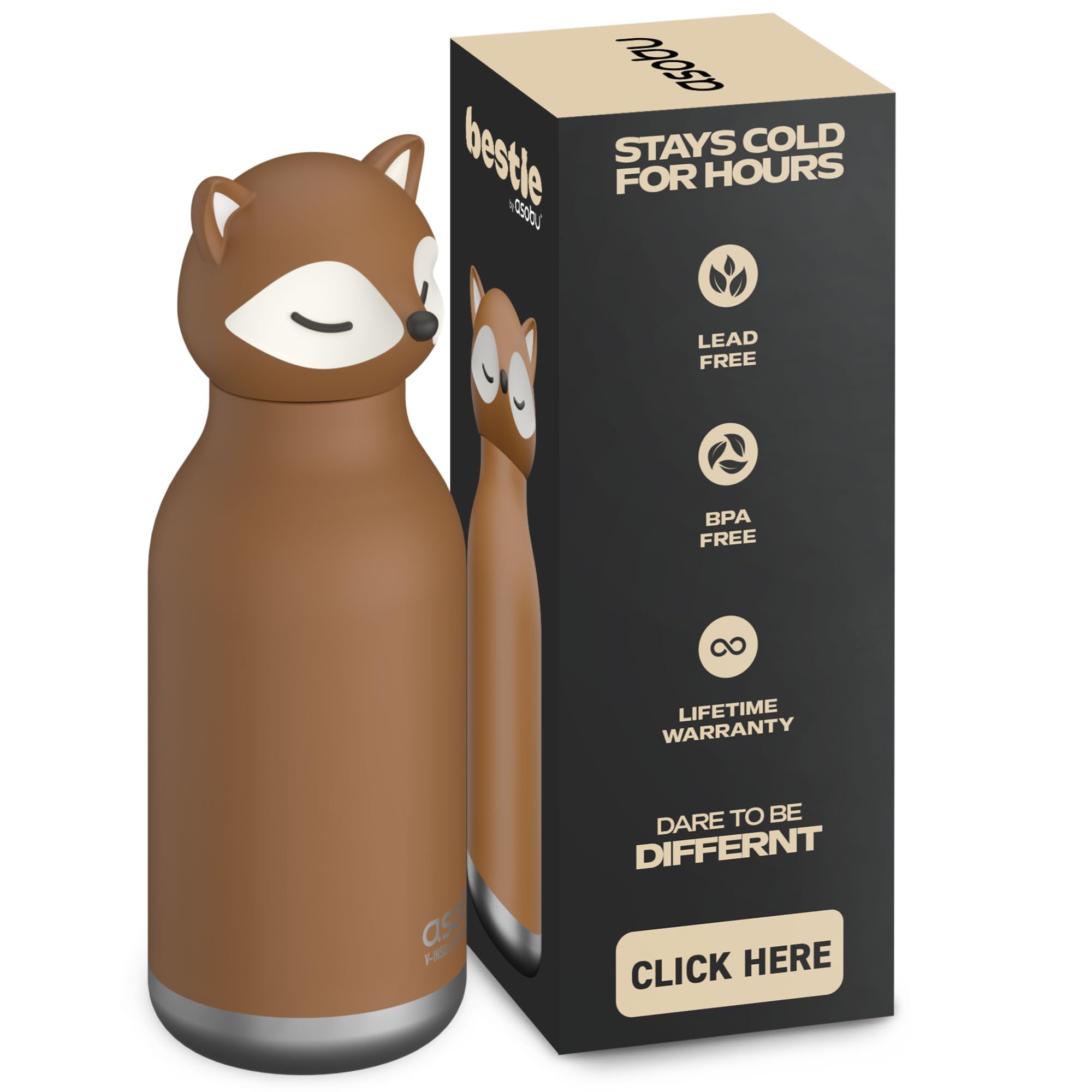 asobu Bestie Fox Leakproof Kids Bottle Flip Straw Stainless Steel Insulated 500 ml