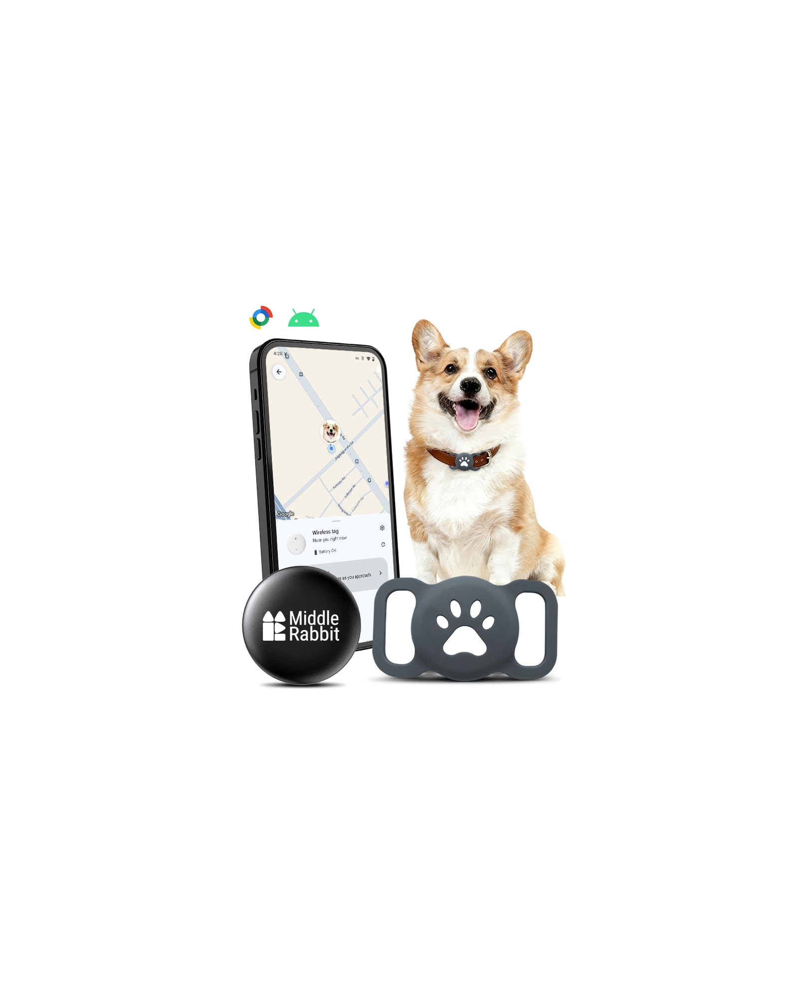 Dog GPS Tracker Tag for Android, Pet Tracker for Dogs | No Subscription, Works with Google Find My Device | Android AirTag Alternative for Dog Collars & Pets