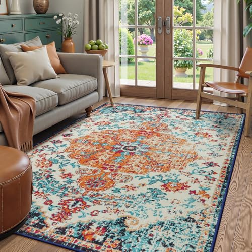 Lahome Bohemian Floral Medallion Area Rug - 5x7 Oriental Distressed Large Bedroom Rug, Soft Non-Slip Washable Dining Room Mat Indoor Throw Nursery Floor Carpet for Guest Room Entryway