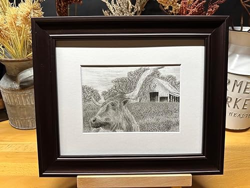 Longhorn Bull Cow Farm Ranch Nature Wildlife Graphite Pencil Art Sketch Drawing Print Picture Limited Edition  'Amazing Graze' by David Allen (8x10