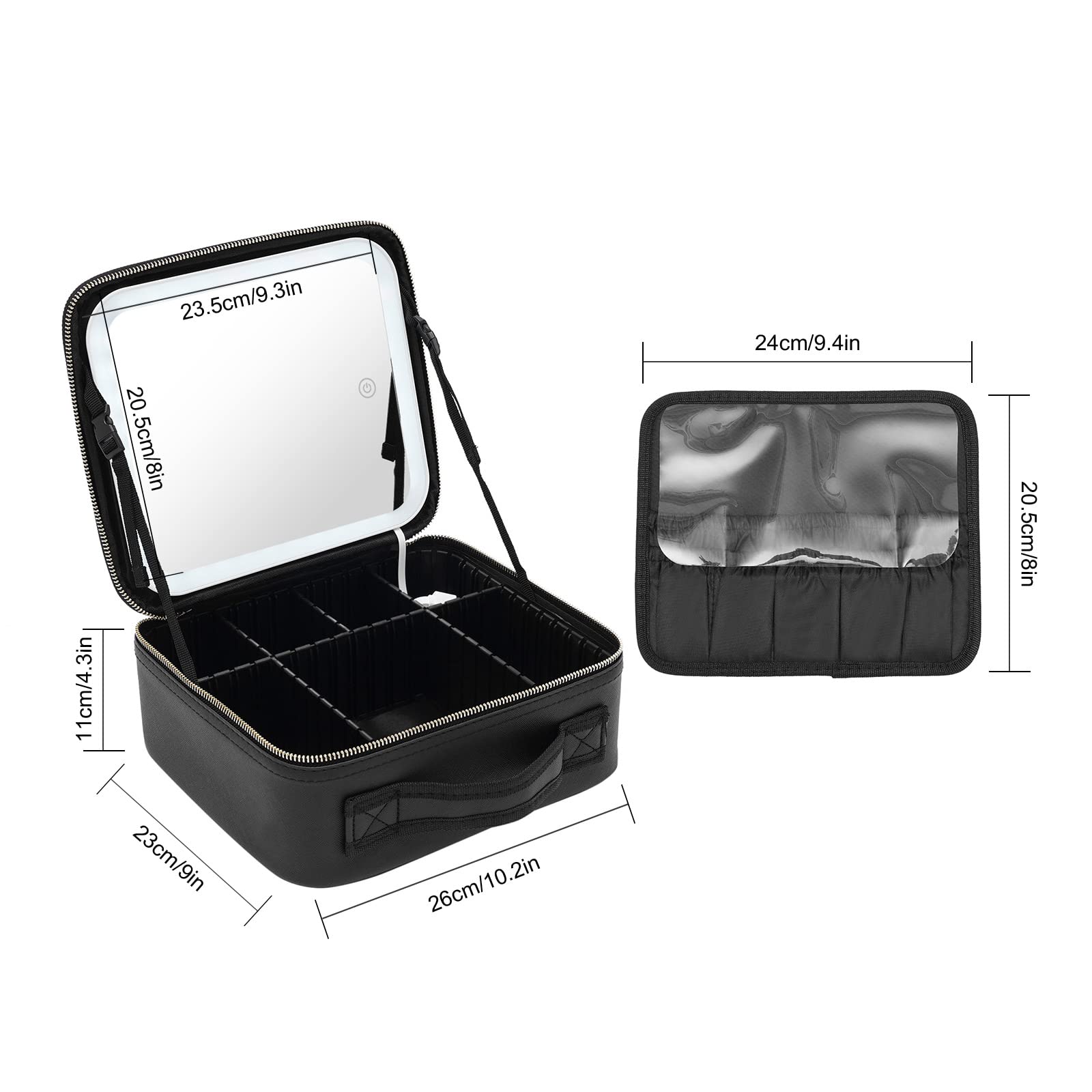 Reisekosmetiktasche mit beleuchtetem Spiegel, Tragbar Kosmetiktasche mit 3 Farbmodi dimmbaren Lichtspiegel, PU Make up Organizer Tasche (Schwarz)