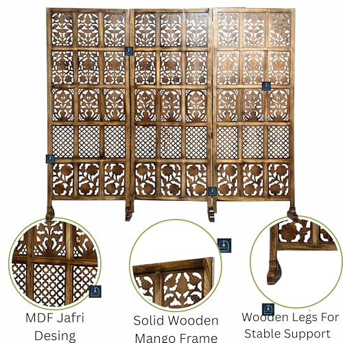 Image of Wooden Room Partition /Screen /Room Divider /Room Separator Burnt Wood Finish (Hand Buffing) Frame Traditional Handicrafts 6Ft Height (30 Inches Width 3 Panel)