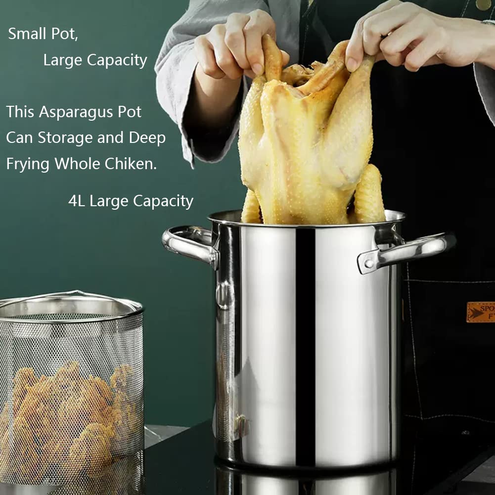 4L Marmite De Friture Avec Panier Et Couvercle Acier Inoxydable 304 Pot À Légumes Marmite À Asperges Cuiseur De Pâtes Cuit-vapeur Pour La Maison Cuisine, Argent