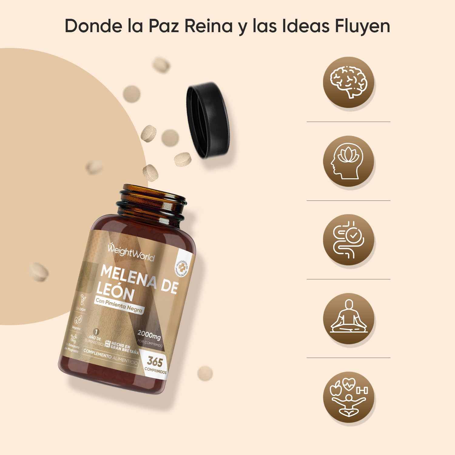 Melena de León 2000mg de Concentración 365 Comprimidos Veganos (1 Año de Suministro) - Extracto de Hongo Lions Mane o Hericium Erinaceus con Pimienta Negra, Sin OGM y Sin Gluten