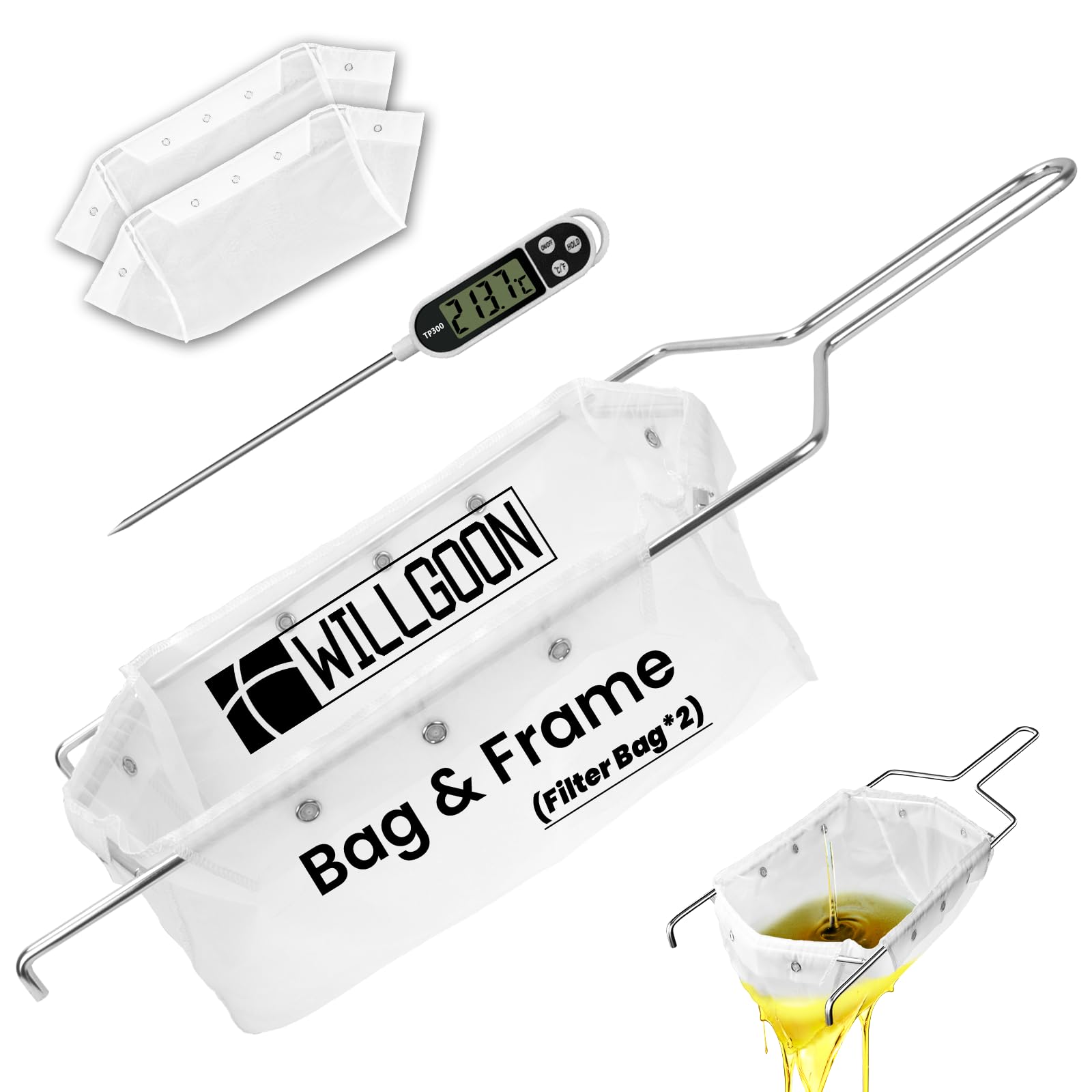 2 Pcs Deep Fryer Filter Bag &amp; Frame Set, Reusable Oil Strainer Compatible with 40L/60L Deep Fryers, Fine Mesh to Capture Crumbs, Durable for Home &amp; Commercial Use, with 1 Professional Food Thermometer