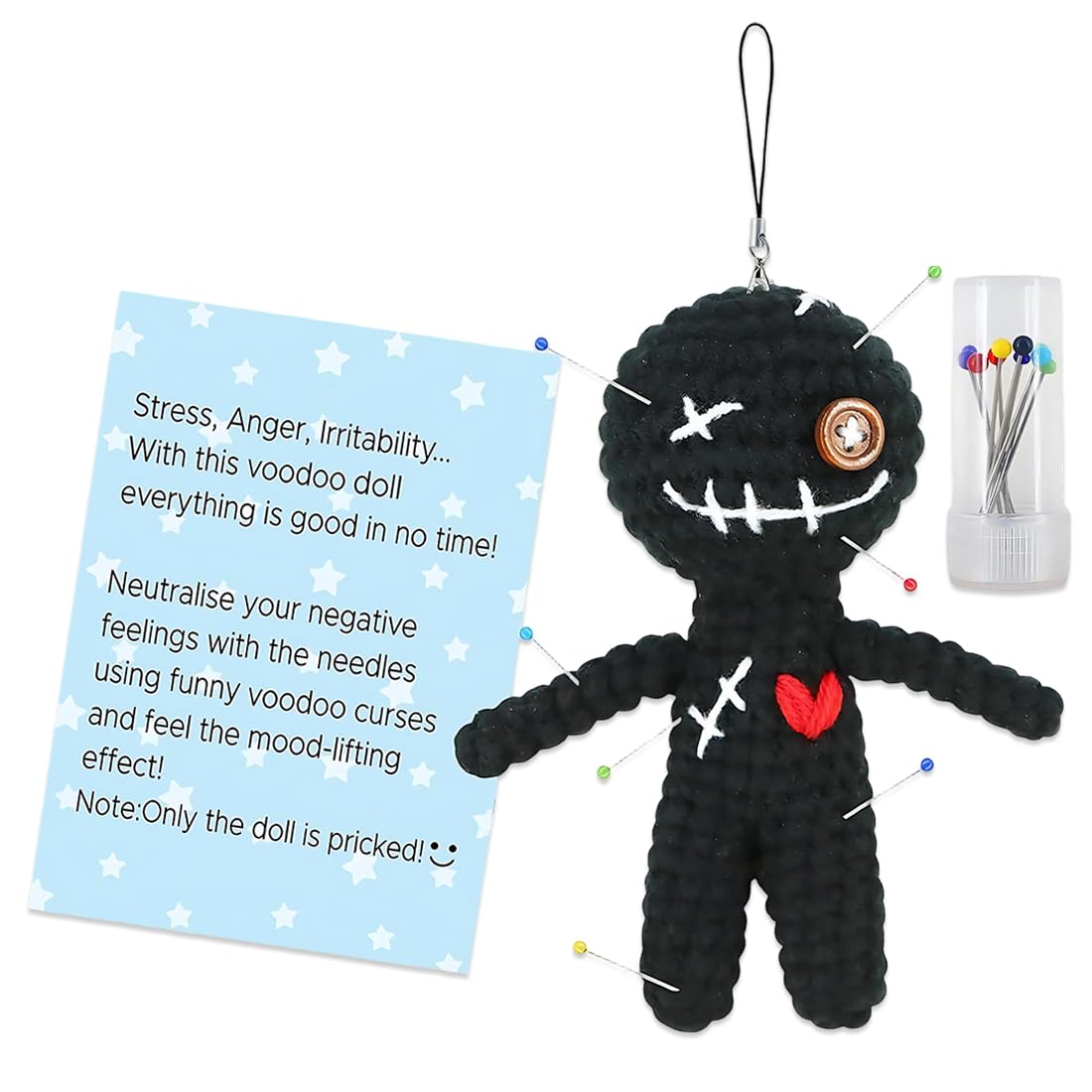 1 Unidad Muñeca Vudú Positiva, con 10 Agujas, Divertido Regalo Antiestrés, Muñeca Negra Tejida con Alfileres, Muñeco Vudú Decoración de Halloween para Adultos, Amigos, Compañeros (12 cm)