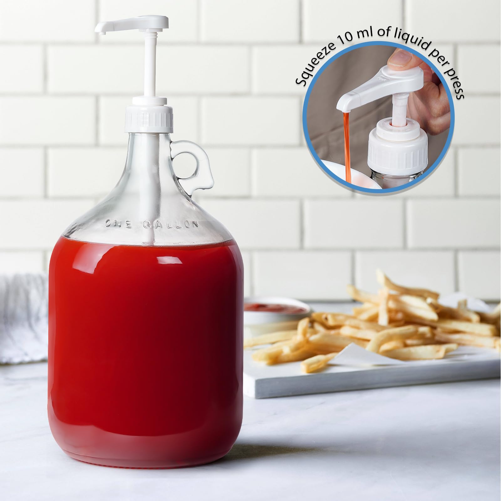 Paquete de 2 dispensadores de botellas de vidrio con bomba de galón con 3 bombas y 2 tapas herméticas, dispensadores de jabón de lavandería con 1 embudo, dispensadores de detergente líquido para