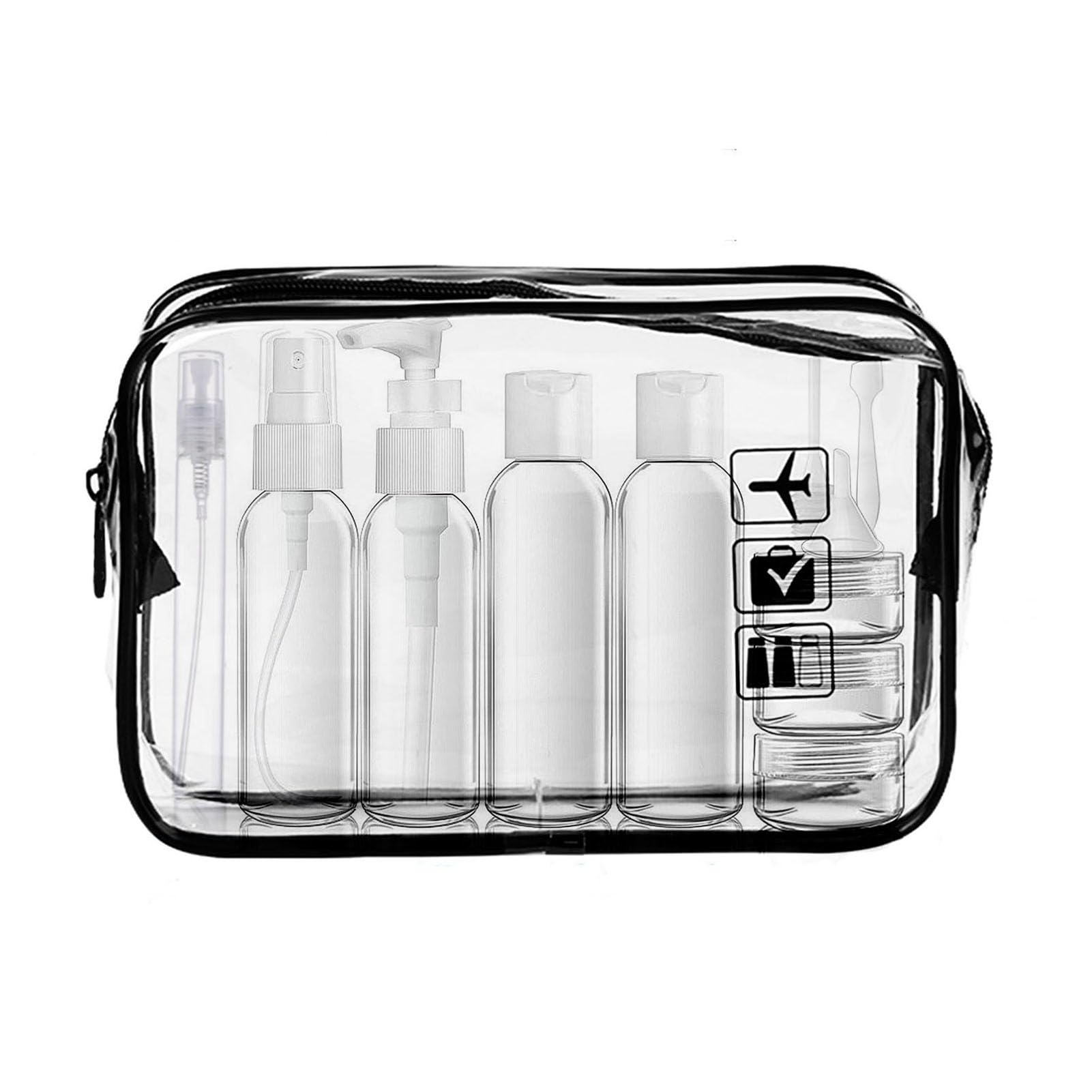Transparenter Kulturbeutel mit Reiseflaschenset 13-teilig 100ml Flughafen-konform 20x20cm