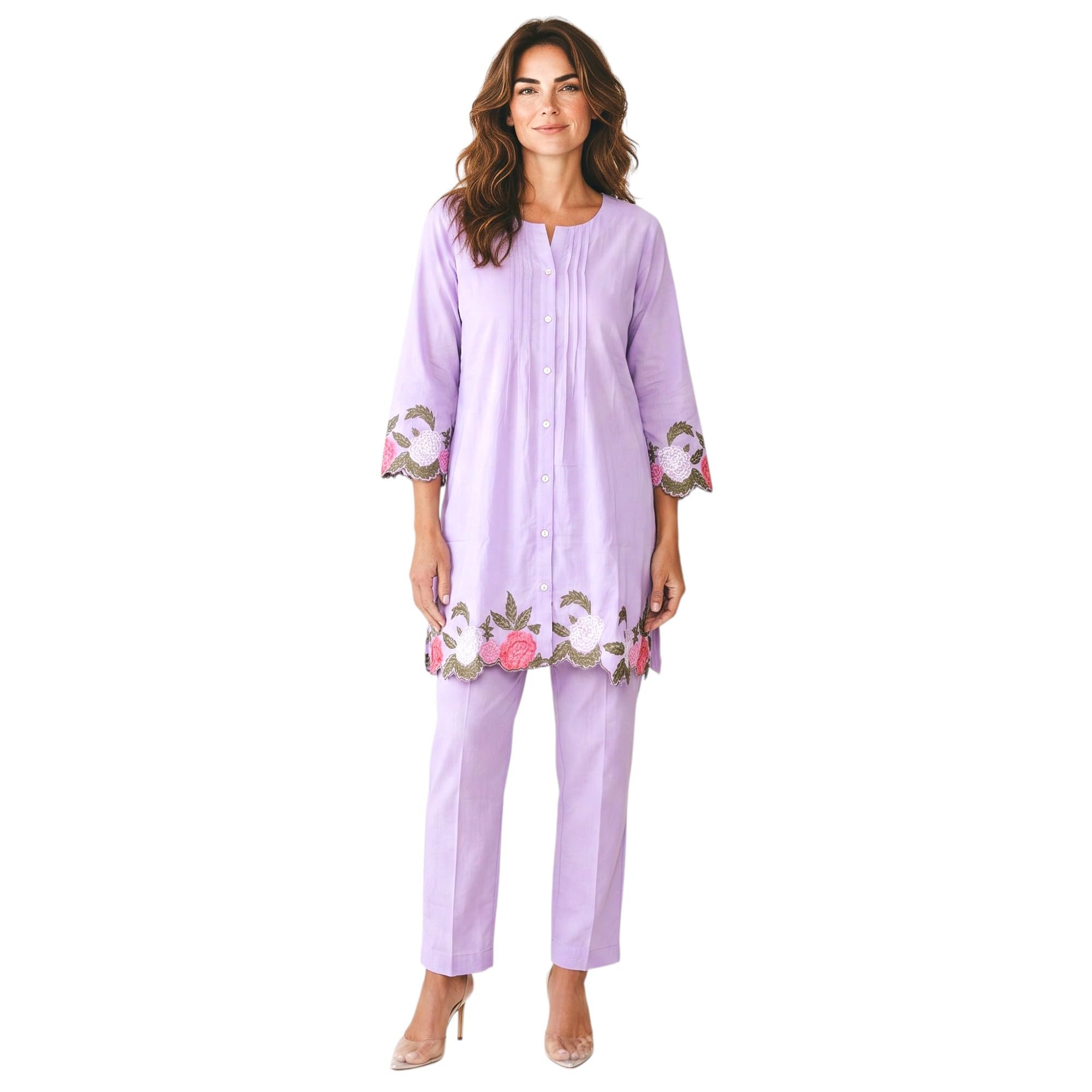 Women’s Lavender Floral Embroidered Tunic & Pants Set – 3/4 Sleeve Pin-Tuck Button-Down Lounge & Resortwear Co-Ord Set-picture-37