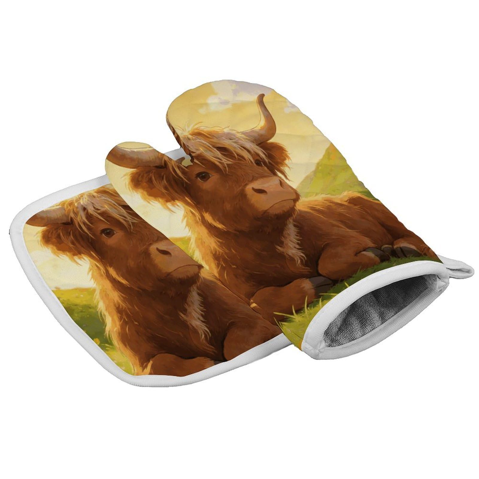 Fodpand Style Highland Cow Chillin Oven Mitt Set With Lanyard, Cooking Mitt, Protective Thermal Insulation,Kitchen Mitt For Baking, Cooking, Grilling, Microwave