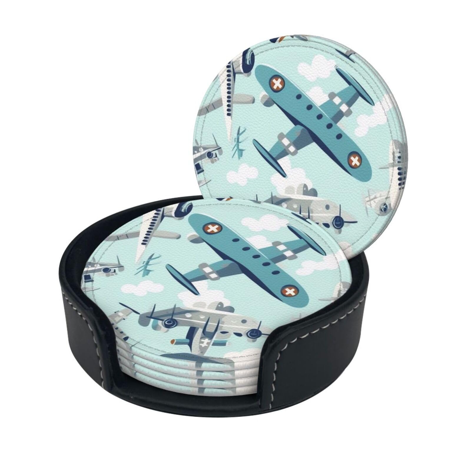 Stylish Coasters - Airplane Set of 6 Round Leather Drink Coasters with Holder - Perfect Size for Cups and Glasses