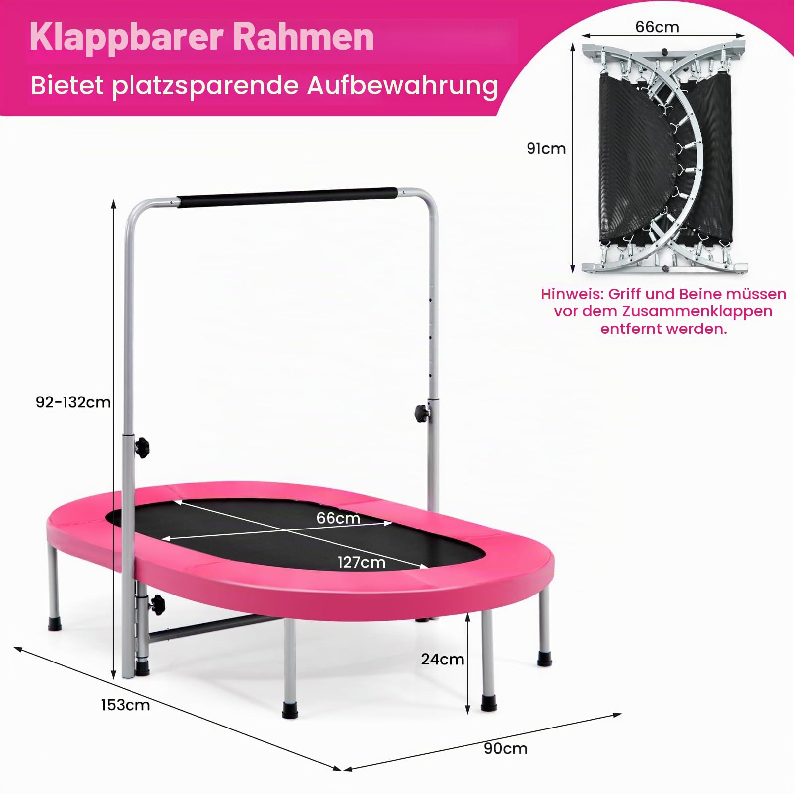 LIFEZEAL Trampolin für 2 Personen, Faltbares Doppeltrampolin mit Armlehnen, Ovales Sporttrampolin mit verstellbarem Griff, Fit Indoor Fitness Trampolin für Kinder und Erwachsene