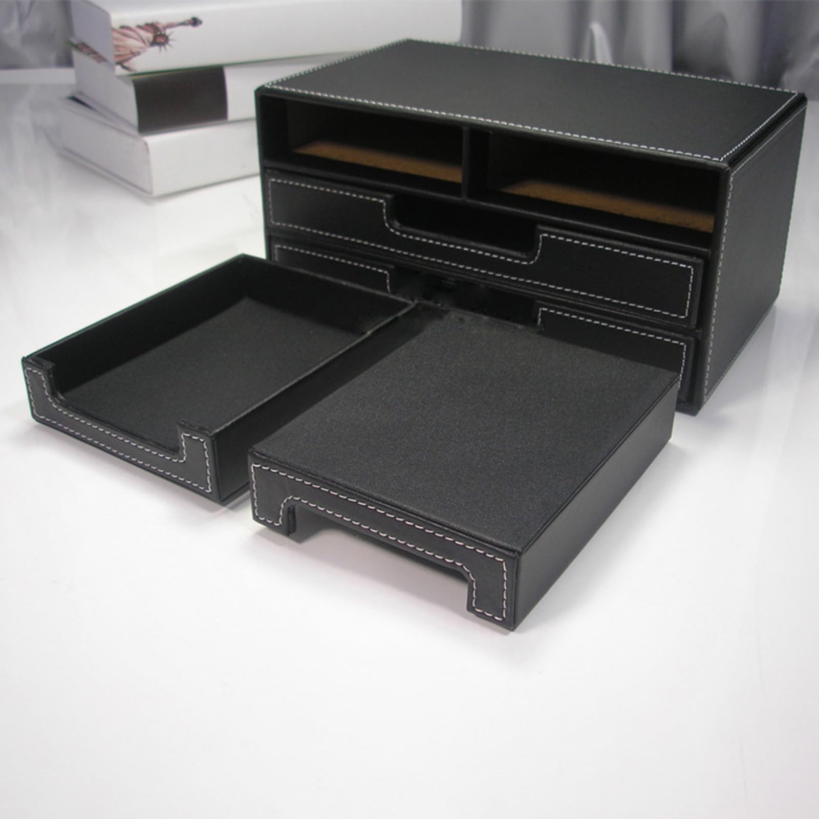 Schreibtisch Organizer mit 4 Schubladen, Aufbewahrungsbox für Schreibwaren, PU Leder, Schreibtisch Organizer, Rechnungssammlungshalter, Schreibtisch aus PU Leder
