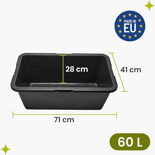 Garronda Bac à mortier rectangulaire en plastique recyclé Noir 60 L Lot de 1, fond renforcé, échelle graduée, bac plastique rectangulaire empilable pour chantier, auge de maçon GD-0169 - 2