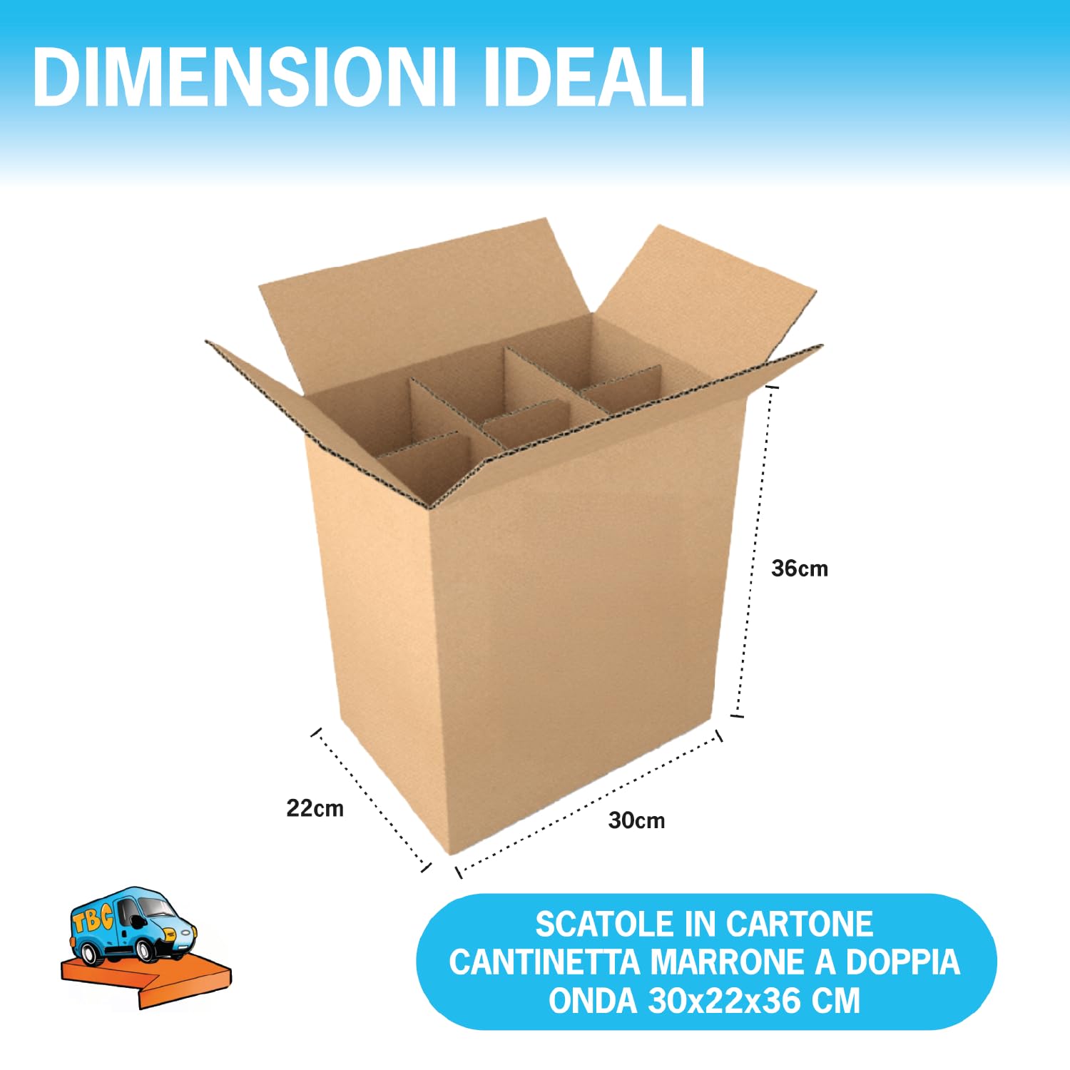 TravelBox 20 Cantinette Rigide in Cartone Doppia Onda Avana per 6 Bottiglie 30x22x36, Scatola Protettiva con Separatori Interni, Ideale per Spedire Bottiglie in Vetro e Oggetti Fragili (20)