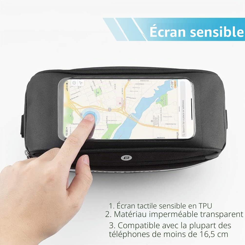 ROCKBROS Sacoche de Guidon Vélo VTT Trottinette Cyclisme Support de Téléphone Sacoche Rangement Avant Ecran Tactile Grande Capacité 4,5 L pour Smartphone sous 6,5 Pouces avec Bandoulière