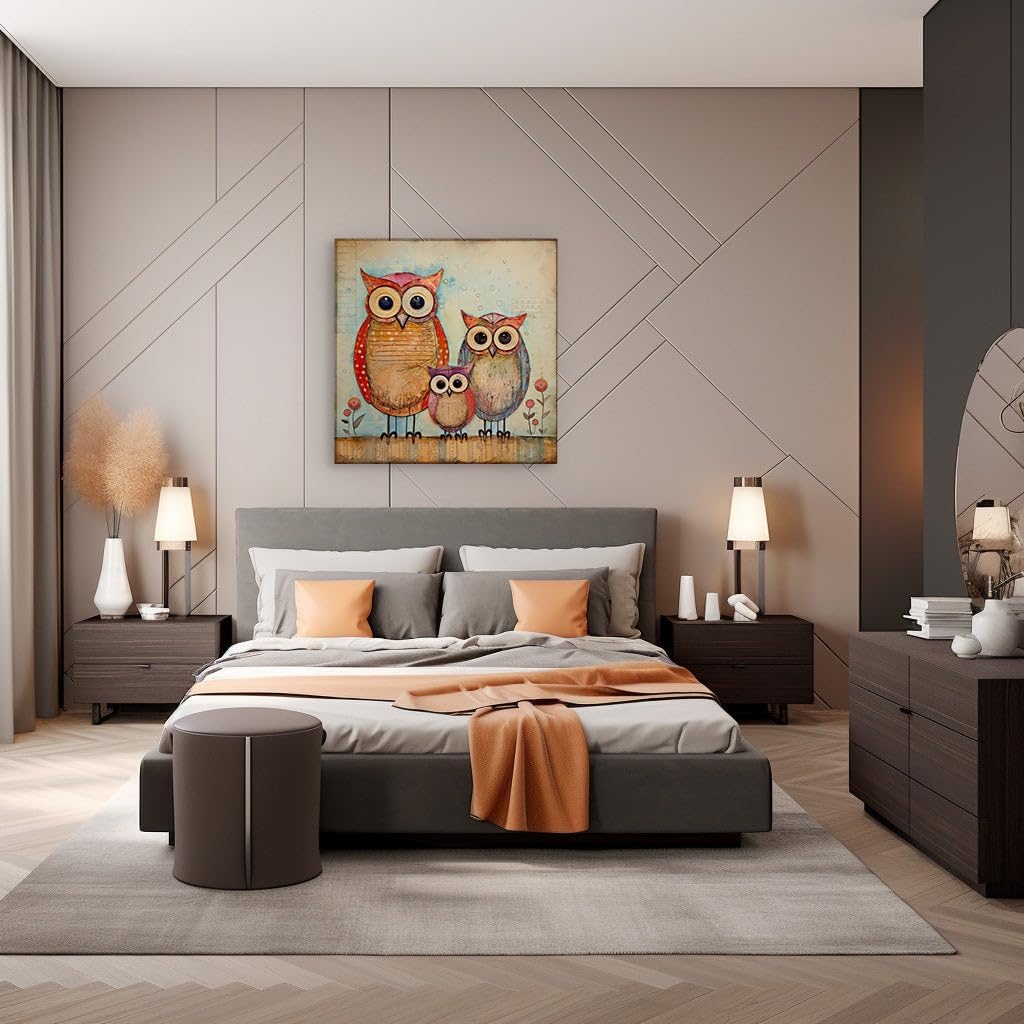 Canvas for Living room. Whimsical Trio: A Vibrant Family of Owls in a Kaleidoscopic World, 27 x 18 inch Canvas Wall Art - Contemporary Masterpieces - Nature Home Decor - 69x46 cm (27x18 inch)