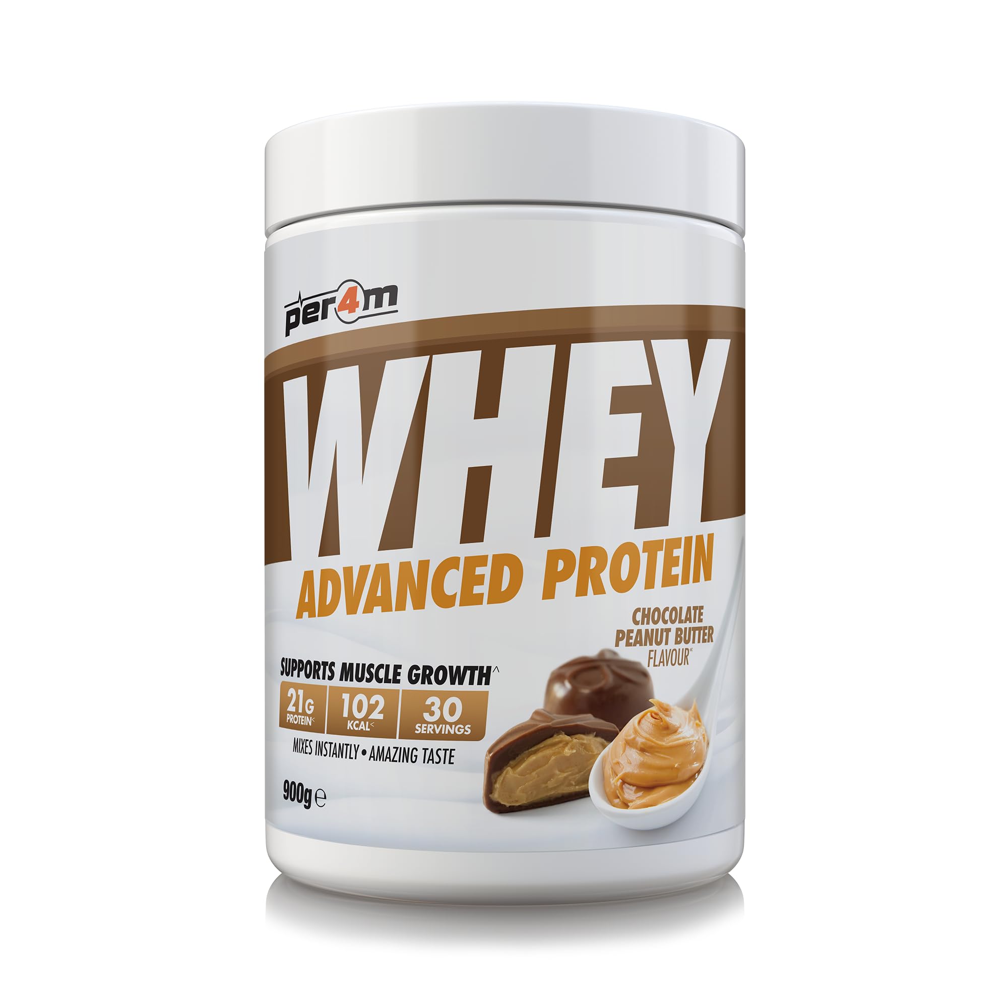 Per4m Whey Protein Powder | High Protein Shake for Muscle Growth & Recovery | Low Sugar Gym Supplement | Sports Nutrition Drink + Amino Acids (900g, Chocolate Peanut Butter)