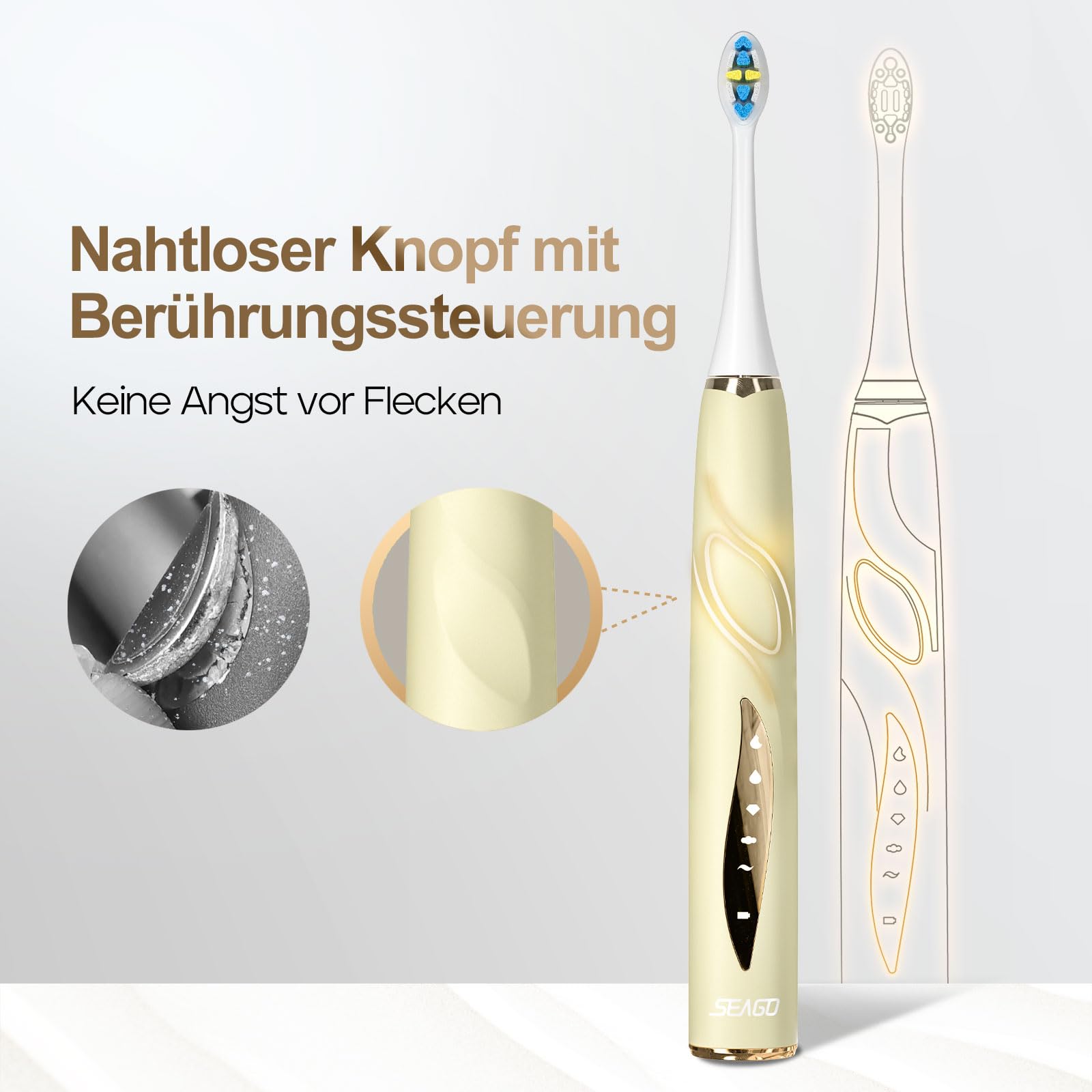 Seago Elektrische UltraschallZahnbürste, Drucksensorerinnerung und Bürstenköpfe Ersatzerinnerung, 8 Bürstenköpfe, 5 Modi und Nahtlose Taste, Schallzahnbürste für Erwachsene, SG2753 (Beige)