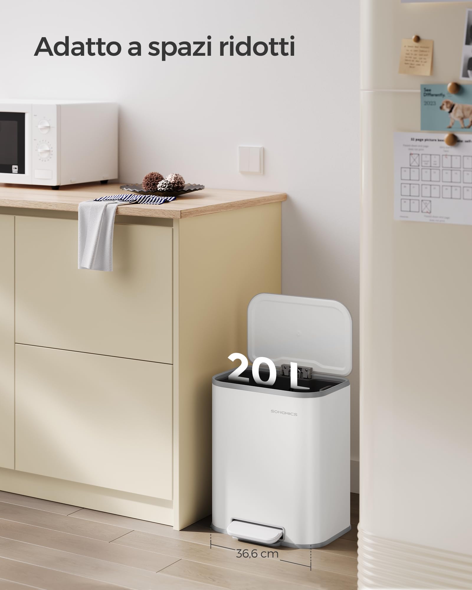 SONGMICS Pattumiera da Cucina, Cestino a Pedale da 20L, Pattumiera in Acciaio, Coperchio a Chiusura Morbida, Rimane Aperto, Secchio Interno, Ampio Pedale Antiscivolo, Bianco Nuvola LTB542W02