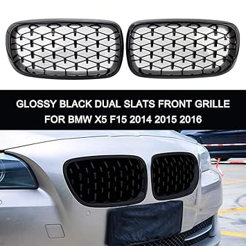 Haibing Glossy Black Dual Slats Front Kidney Grille Grill Left & Right Replacement for BMW X5 F15 2014 2015 2016