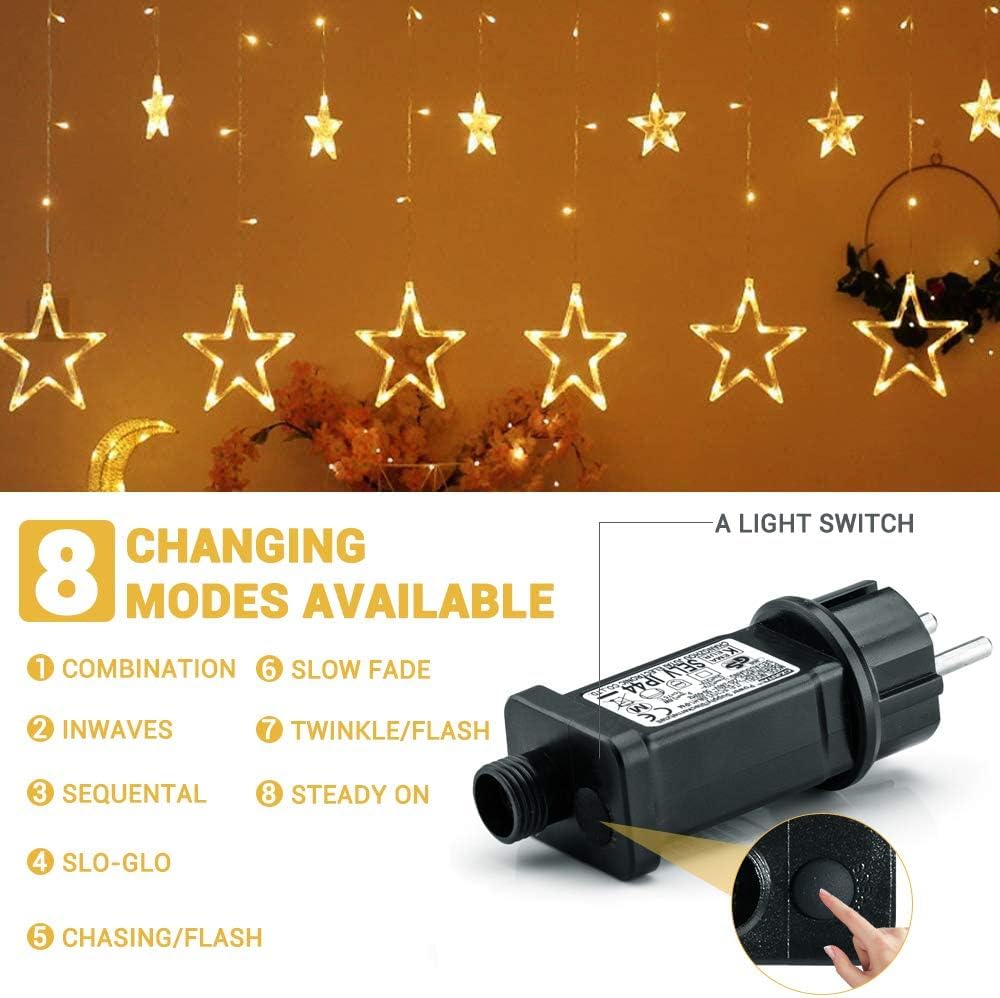 Avoalre Tenda Luminosa Natale Stelle 138 LED 2M Luci Natale Stelle 8 Modalità IP44 Impermeabilità Funzioni Memoria e Tandem Tenda Luminosa per Interno Esterno Casa Festa, Bianco Caldo
