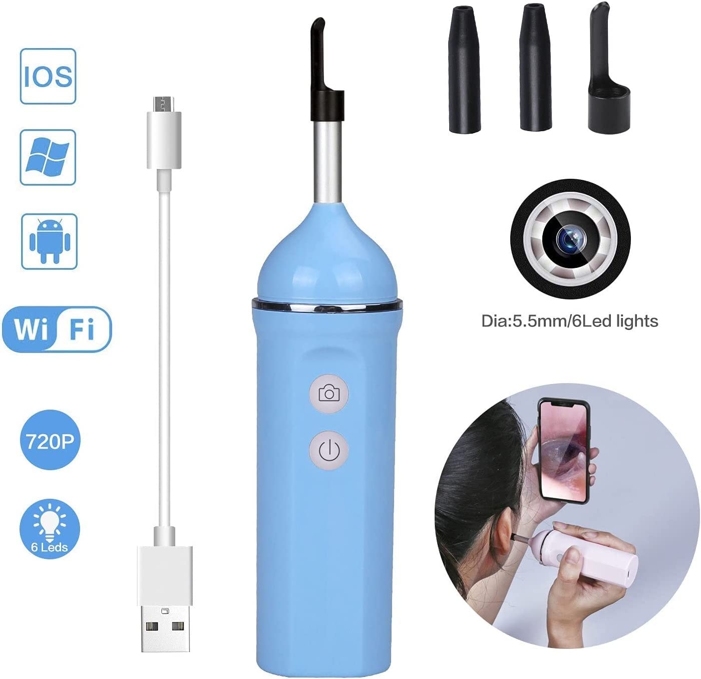 Endoscopio de extracción de cera del oído, otoscopio, USB Otoscopio con 6 ajustables Lealté DS, cámara de inspección de 3.9 mm, for iOS Teléfono inteligente Android IP67 1.3 Millones de píxe