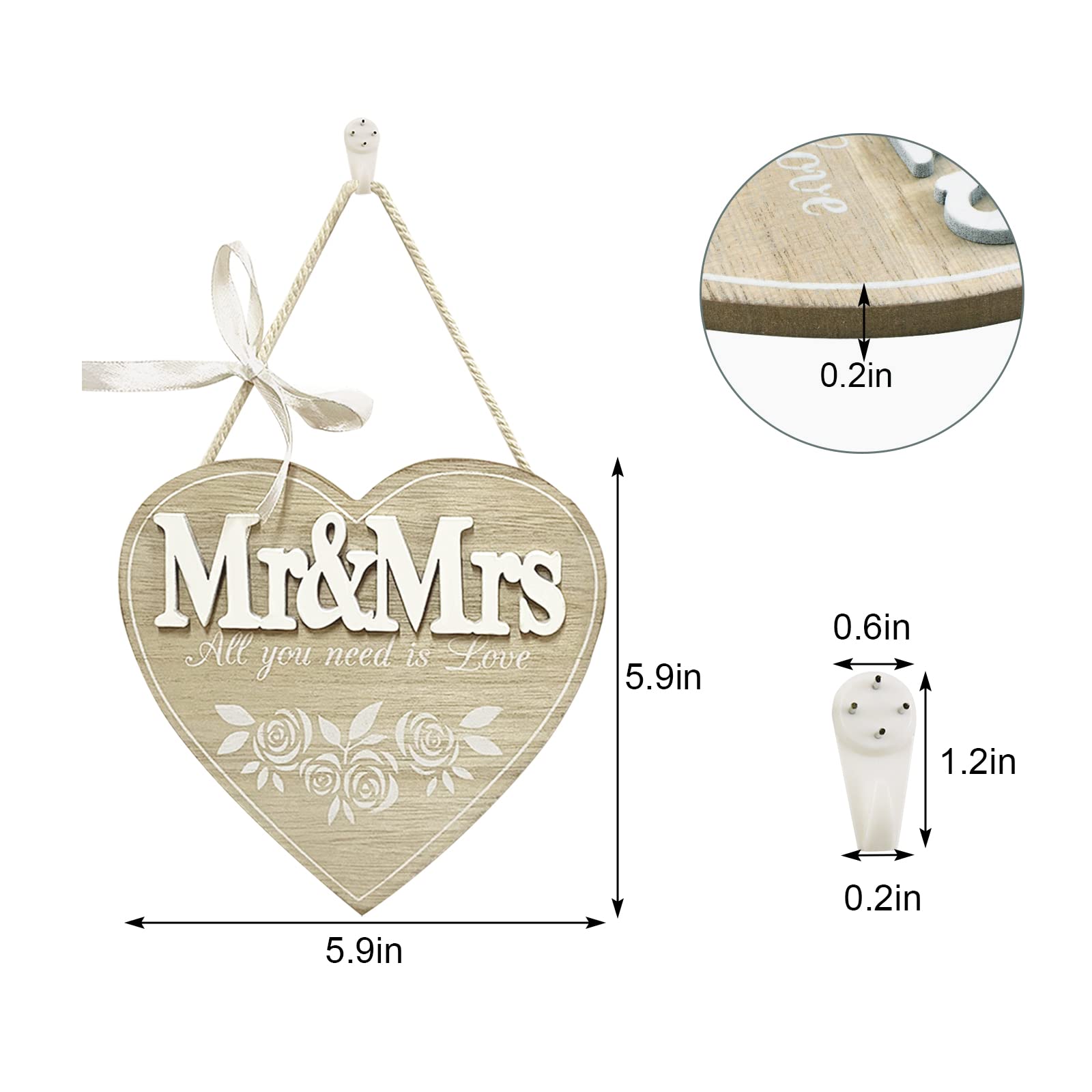 WANDIC Wedding Wooden Hanging, 1 Pieces Heart Wooden Sign Mr & Mrs Letters for Wedding Decoration Table Home Door Wall Decor - Image 2