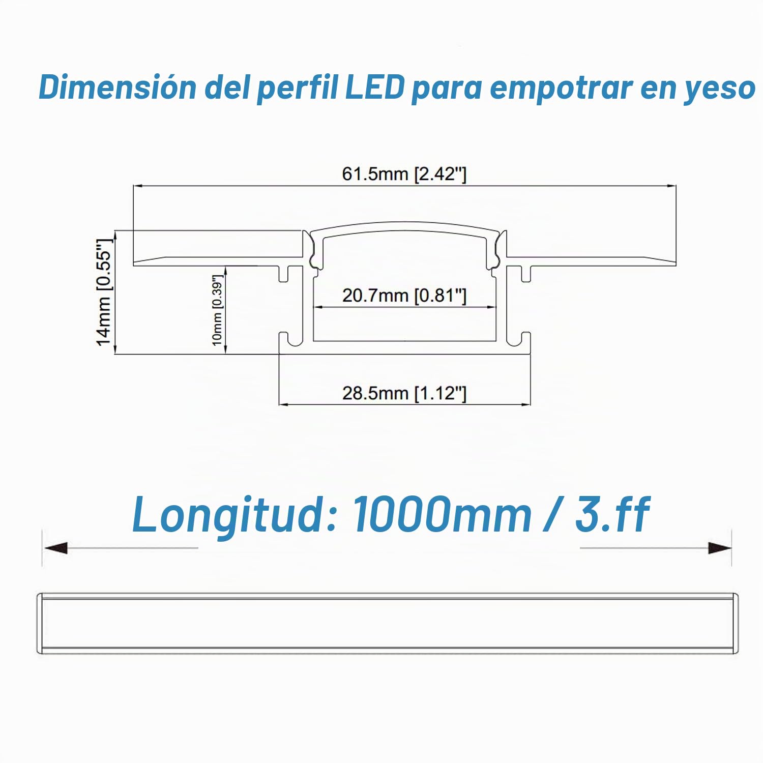 Besseto Perfil de yeso en perfil LED, paquete de 6 perfiles difusores de luz LED de yeso de 1 m, canal de perfil LED de aluminio para pared y techo