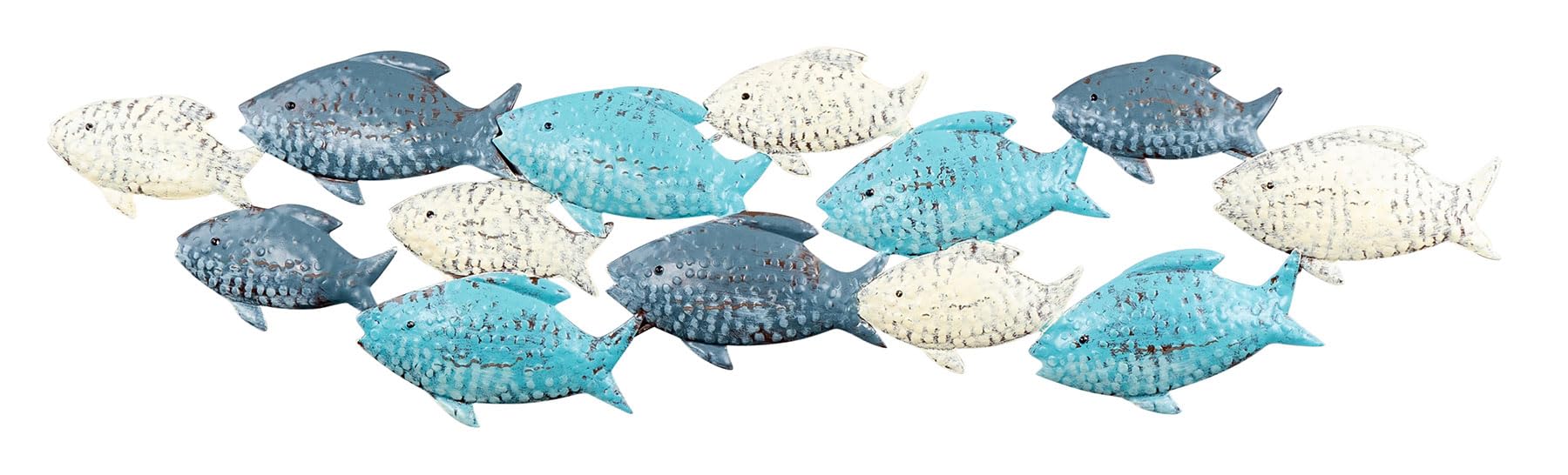 Scultura da parete con pesci, lunghezza 74 cm, colore: blu, grigio, crema, marittimo, decorazione da parete in metallo, decorazione industriale