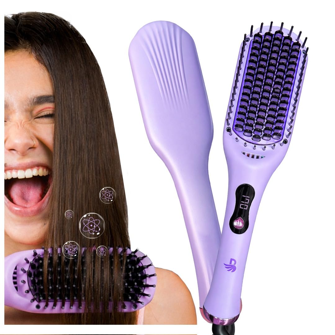 Bombae Pro Ceramic Ionic Hair Straightener Brush | Naturally Straight in Mins | 5X Less Frizz, 2X More Volume | Smart Heat Protection with 6 Temp Modes (150–250°C) | Tourmaline-Ceramic Coated Ionic Bristles | Dual bristle - Heat-Safe & Snag-Free | LED Display | Headturner-image-26