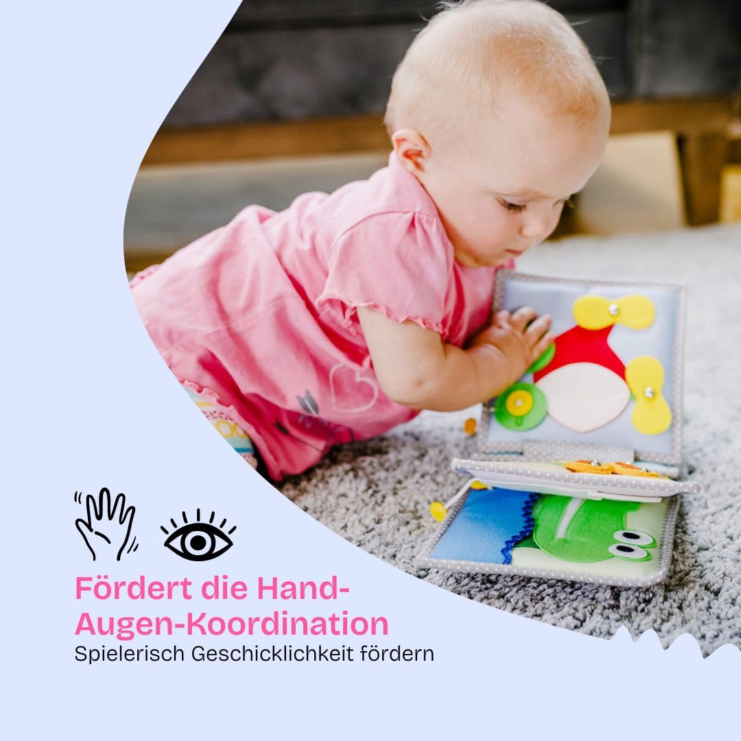 Jolly Designs – Mini Quiet Book Peek-a-Boo – Montessori Spielzeug ab 6 Monaten – Motorik & Sinneswahrnehmung fördern – Stoffbuch für Babys – Handgefertigtes Filzbuch – Perfekt für unterwegs & Reisen
