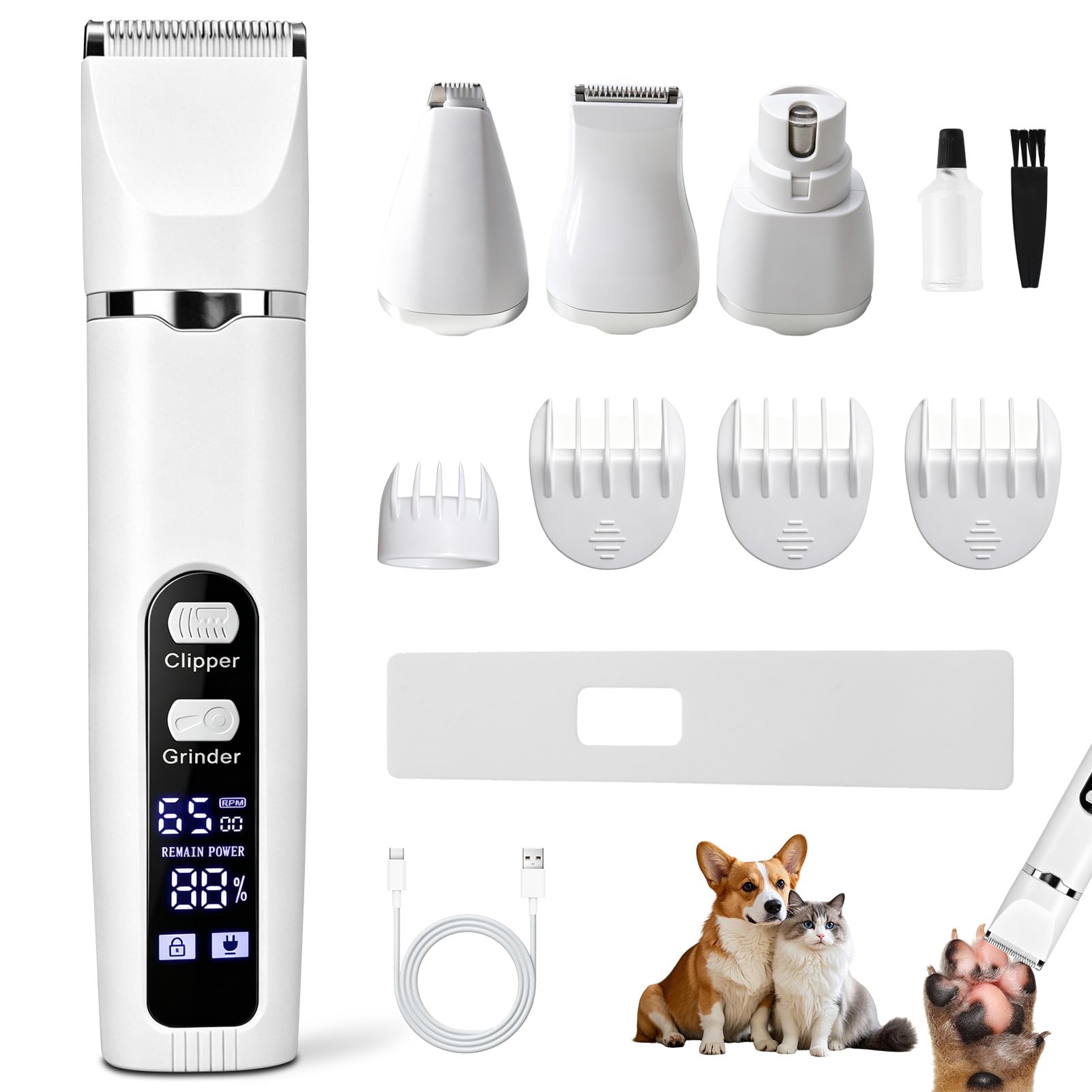 Kit Toilettage Chien 4 en 1, Tondeuse Chien et Tondeuse Chat Silencieuse Sans Fil, Tondeuse Pour Chien Professionnelle avec Écran LCD, Tondeuse Animaux pour Poils Longs et Pattes, Blanc