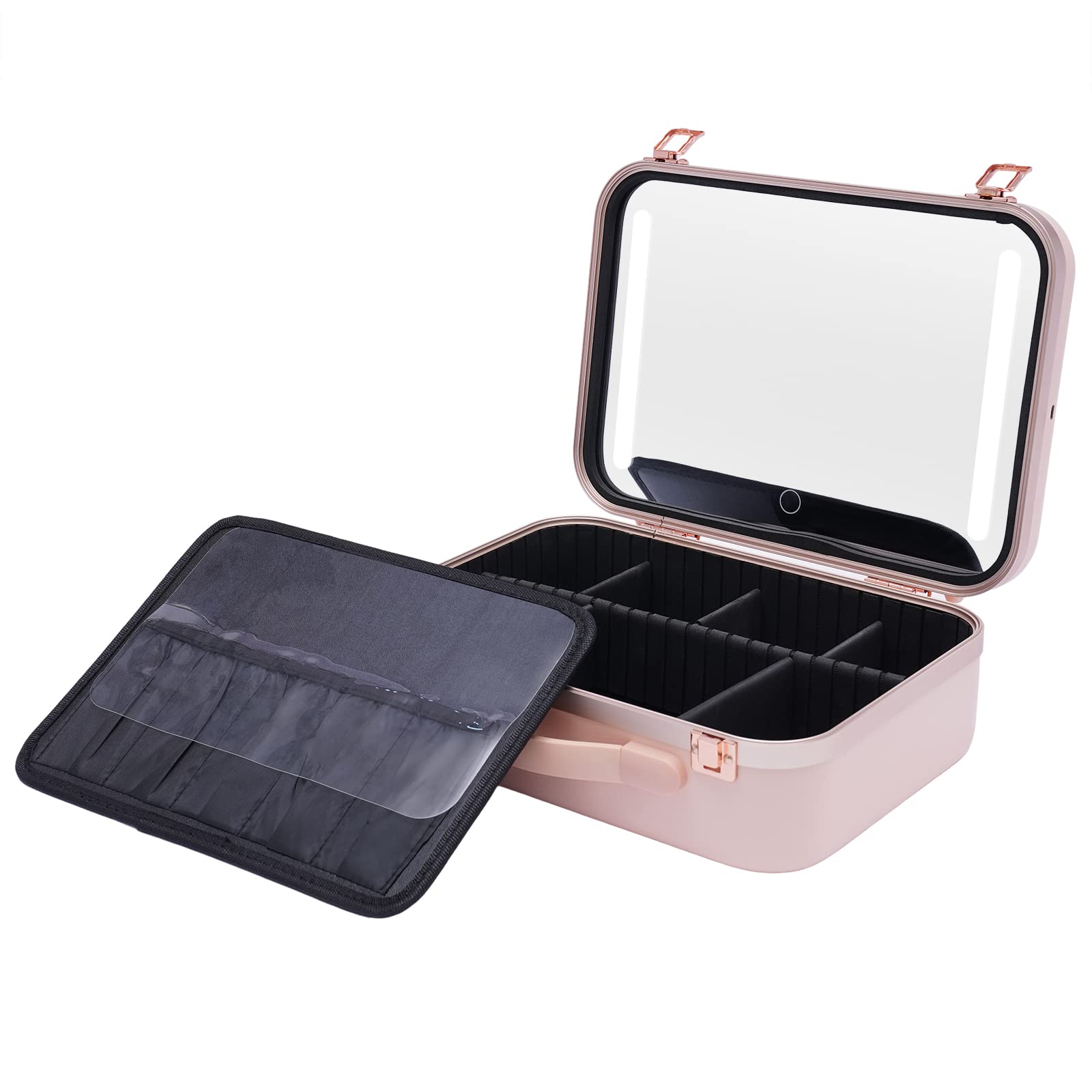 Neceser de maquillaje, neceser de maquillaje con espejo y luces, organizador cosmético, portátil, caja de cosméticos, caja de almacenamiento, estuche de cosméticos, color rosa, Rosa., Simplicidad