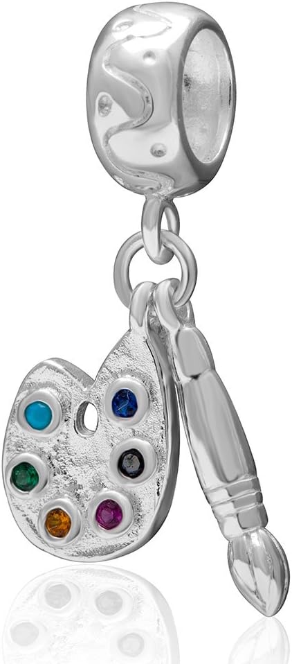 Palette and Paint Brush Charm Pendant with Colorful Birthstone 925 Sterling Silver Bead Fits European Charms Bracelet for Dreaw Lover