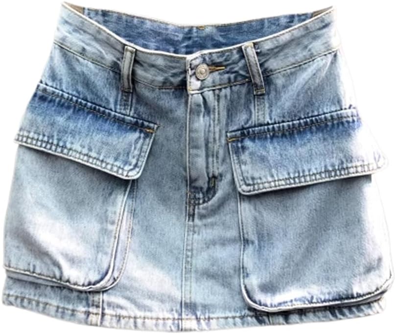 Waisted Workwear Denim Skirt for Women in Summer Large Pockets Street