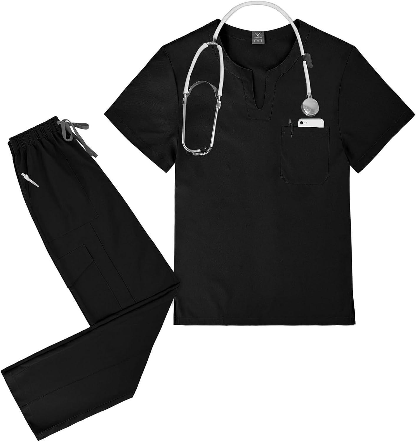 WENKOMG1 Men's Scrubs Set Stretch Spring Summer Unisex Uniform Scrub Top & Cargo Pant with Multi Pockets