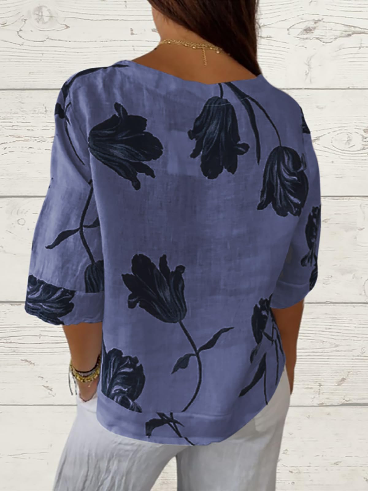 Womens 3/4 Length Sleeve Tops Dressy Casual V Neck Boho Floral Print Summer Blouses Shirts