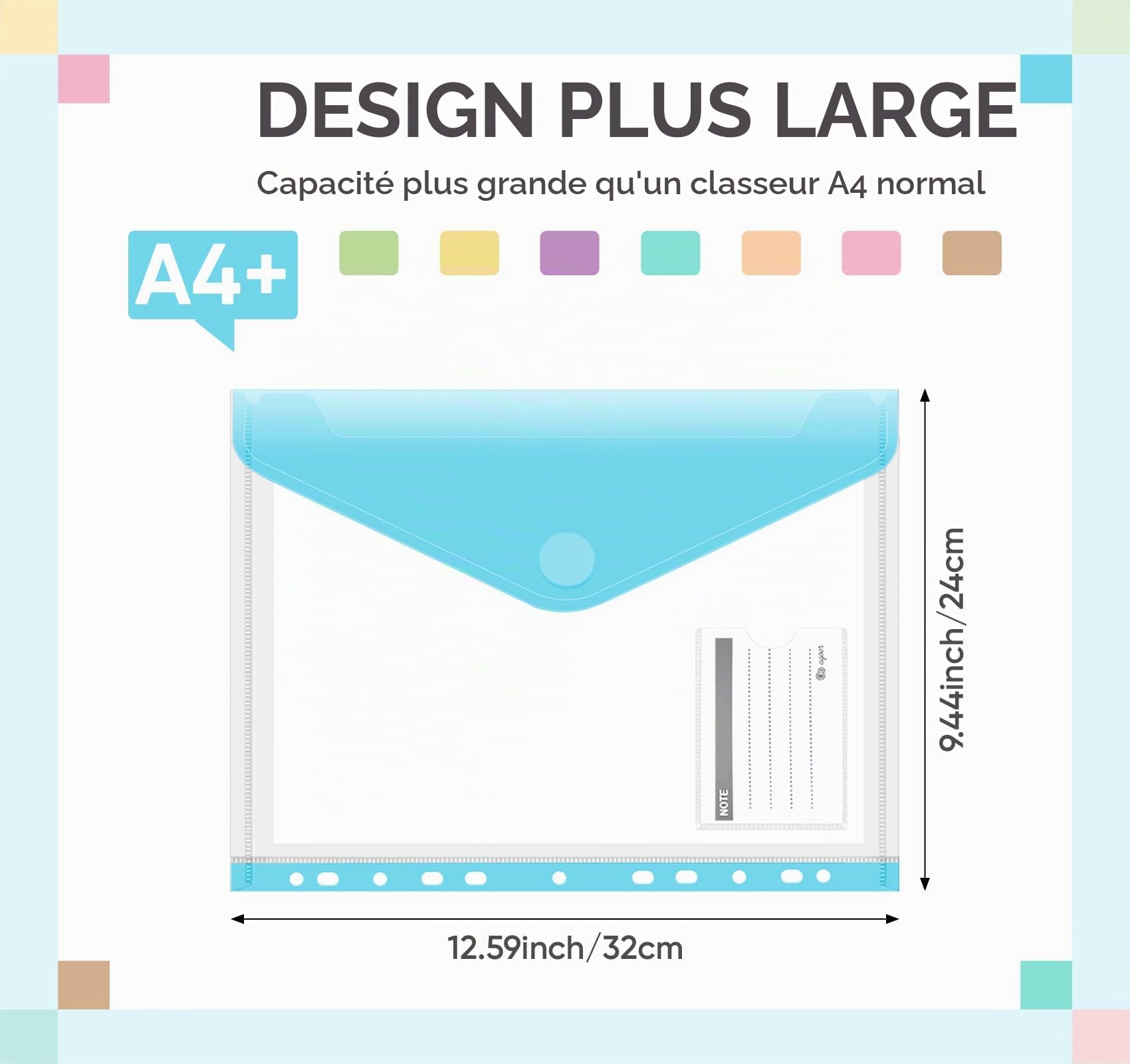 Agoer Lot de 16 pochettes perforées en plastique A4 + avec pochettes perforées, 8 pochettes assorties pour documents, dossiers à 11 trous avec fermeture Velcro pour la maison, le bureau et l'école