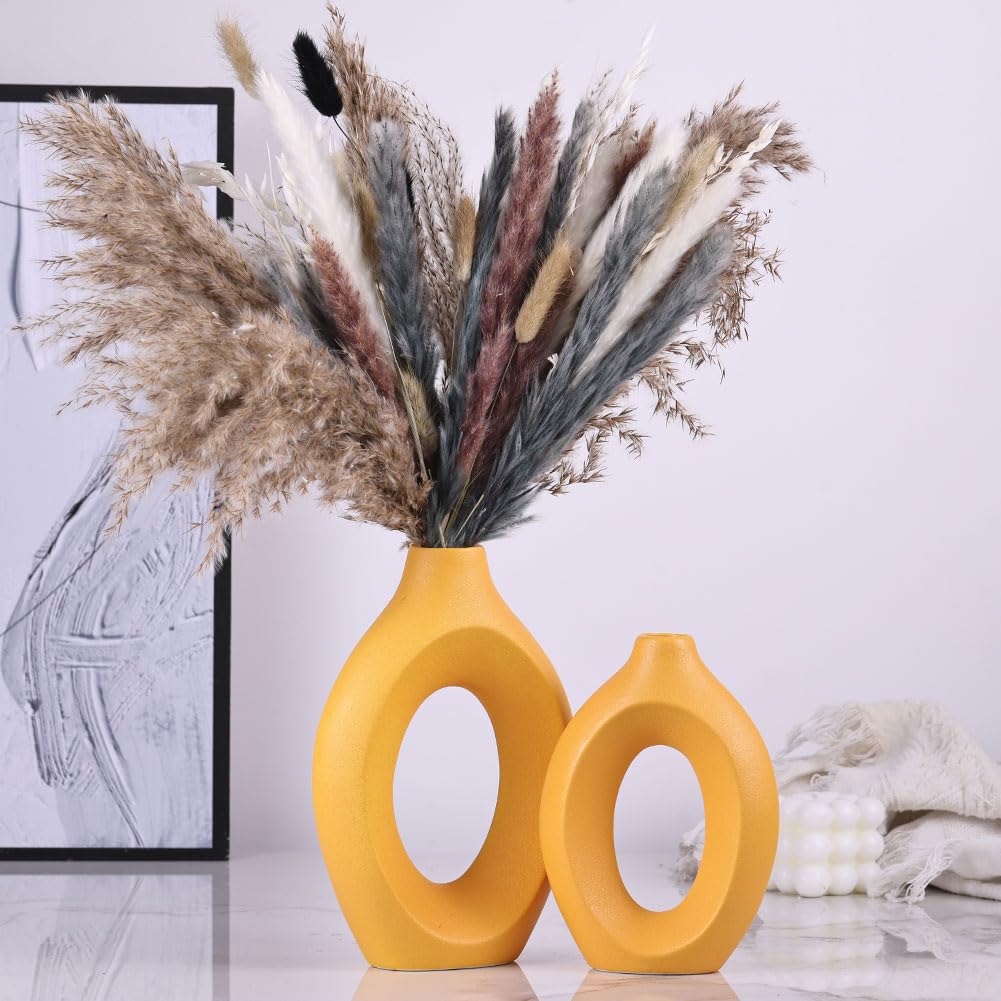 Set di 2 Vasi Gialli, Moderni Vasi in Ceramica Opaca e Cava Gialla, Vaso Decorativo in Stile Boho con Erba Pampa per Soggiorno, Matrimonio, Camera da Letto, Cucina, Tavolo da Pranzo e Ufficio